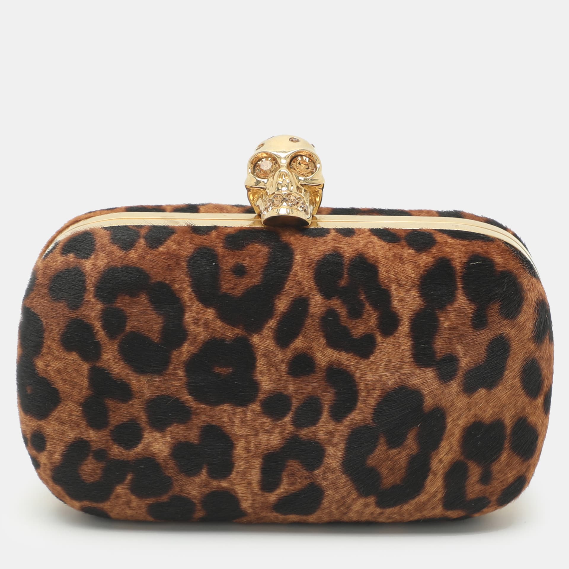 Alexander McQueen Skull Crystals Brown Leopard Calf Hair Box Clutch