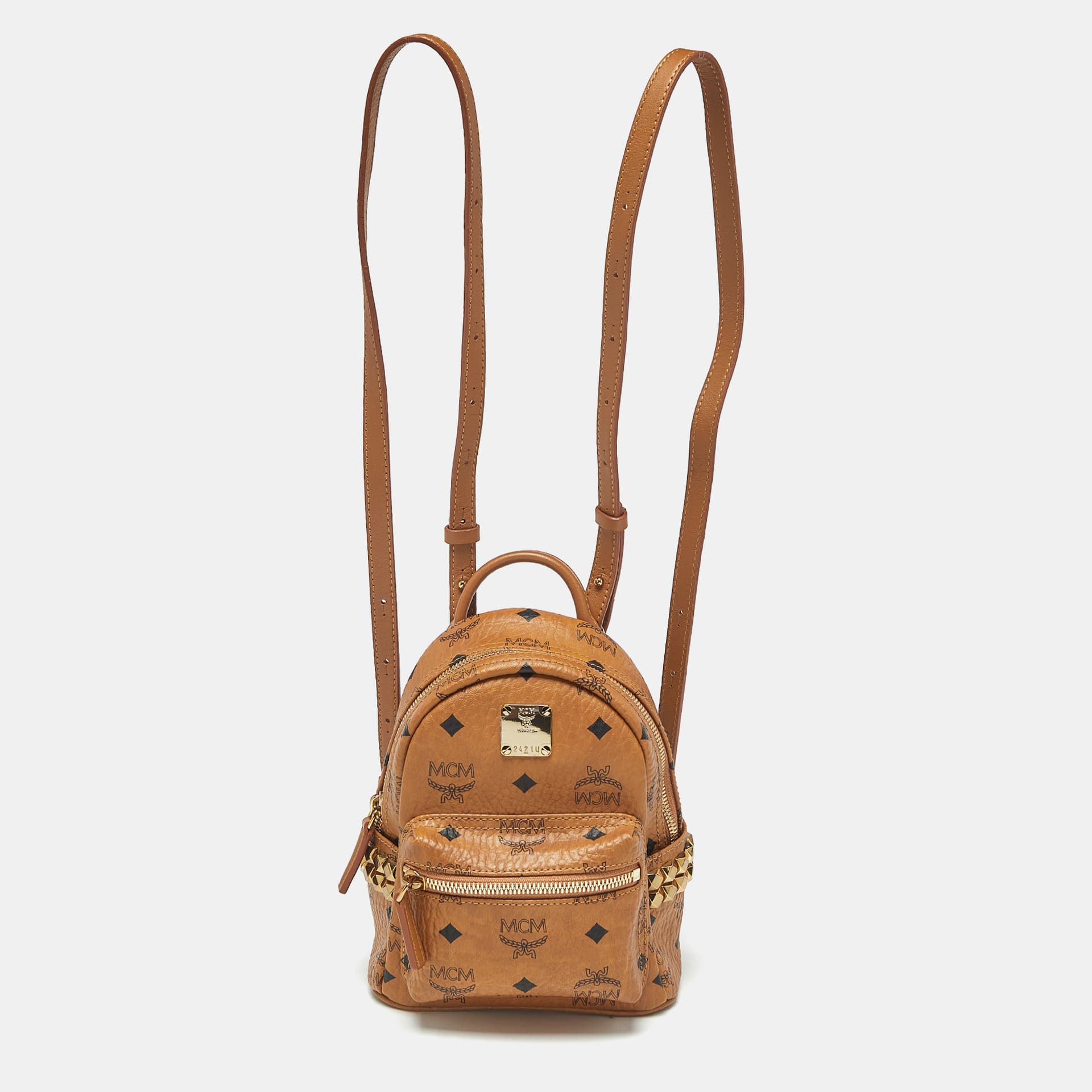 MCM Studded Stark-Bebe Boo Mini Cognac Visetos Coated Canvas and Leather Backpack