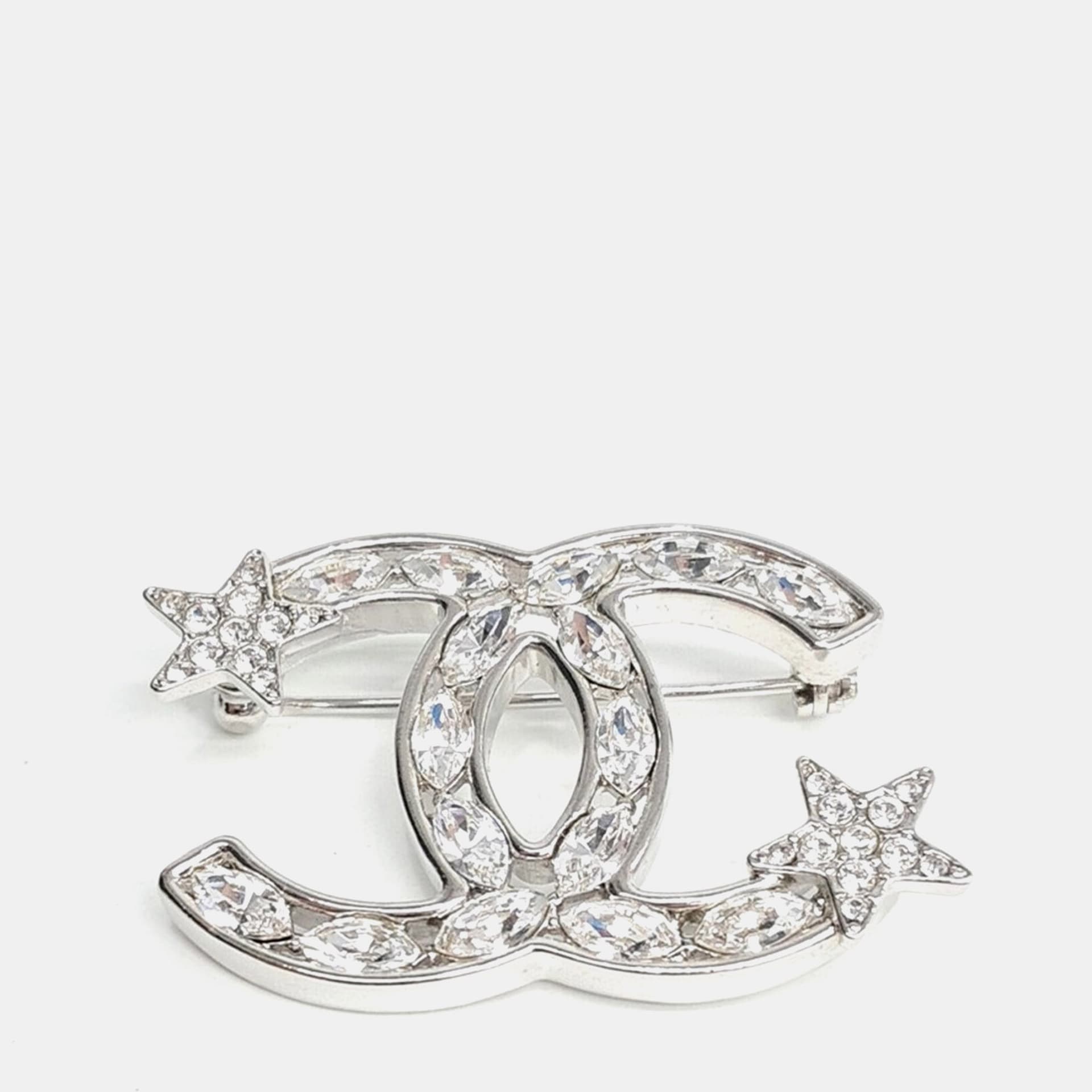 Chanel Silver Tone Logo Brooch