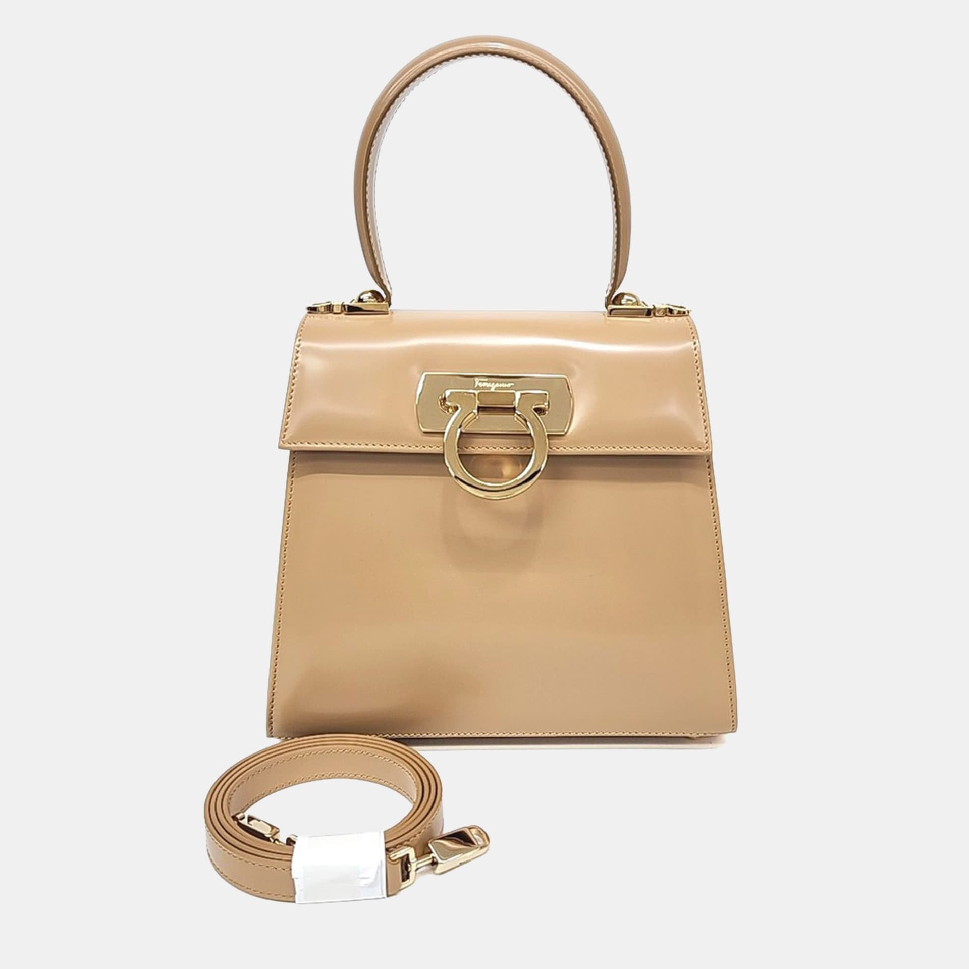 Salvatore Ferragamo Kelly Small Nude Patent Leather Top Handle Bag