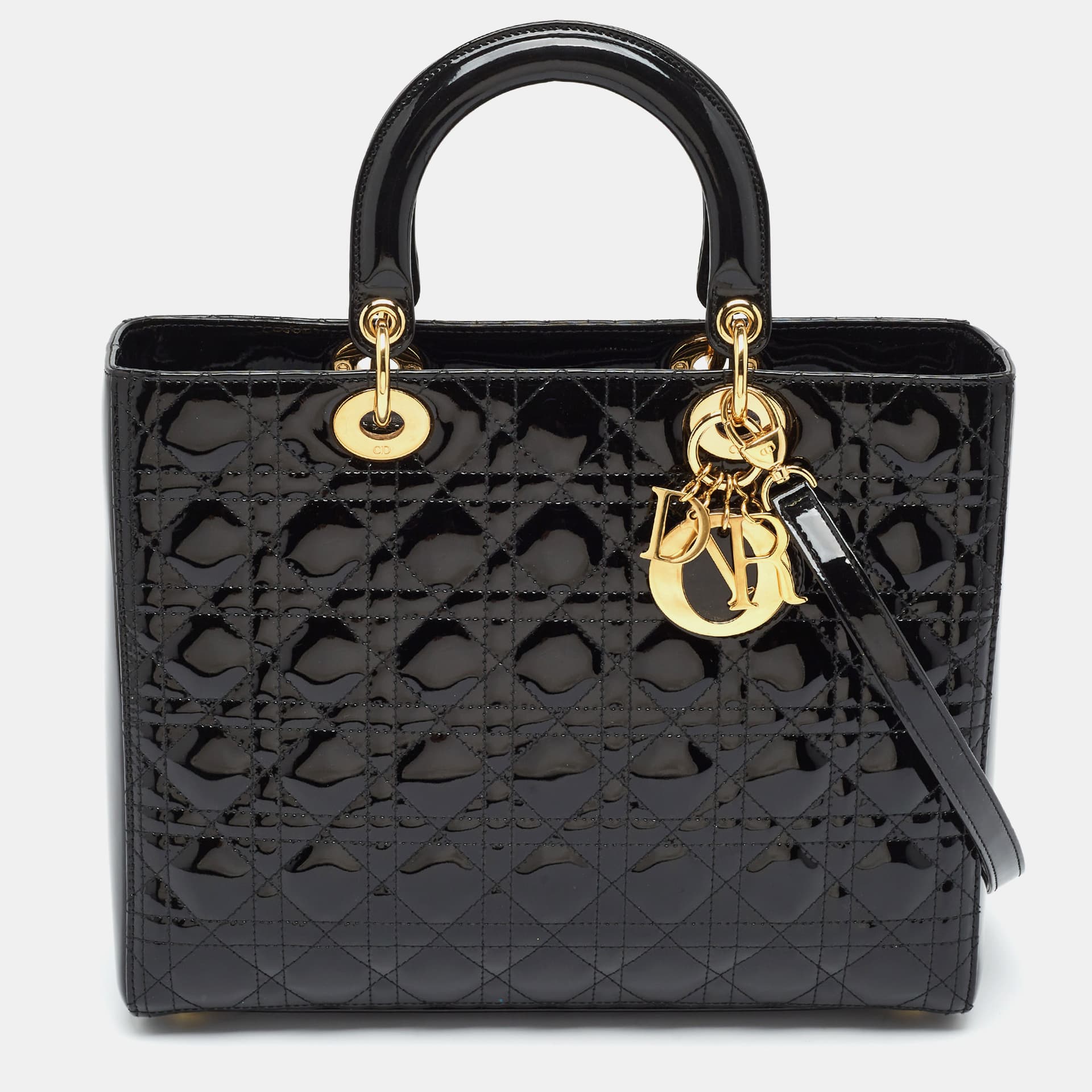 Dior Lady Dior Large Black Cannage Patent Leather Tote