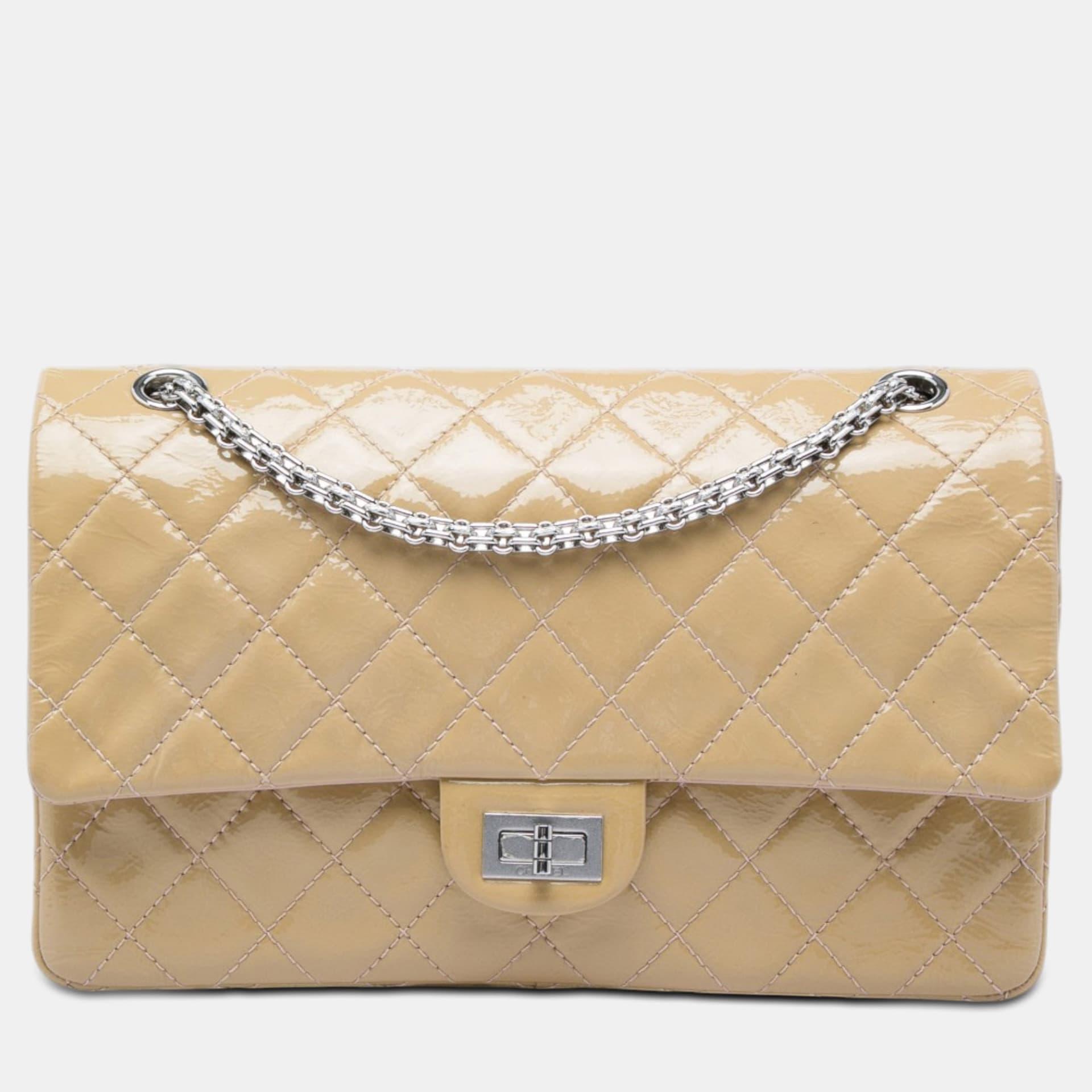 Chanel Reissue 2.55 Double Flap 226 Beige Quilted Crinkled Patent Leather Shoulder Bag