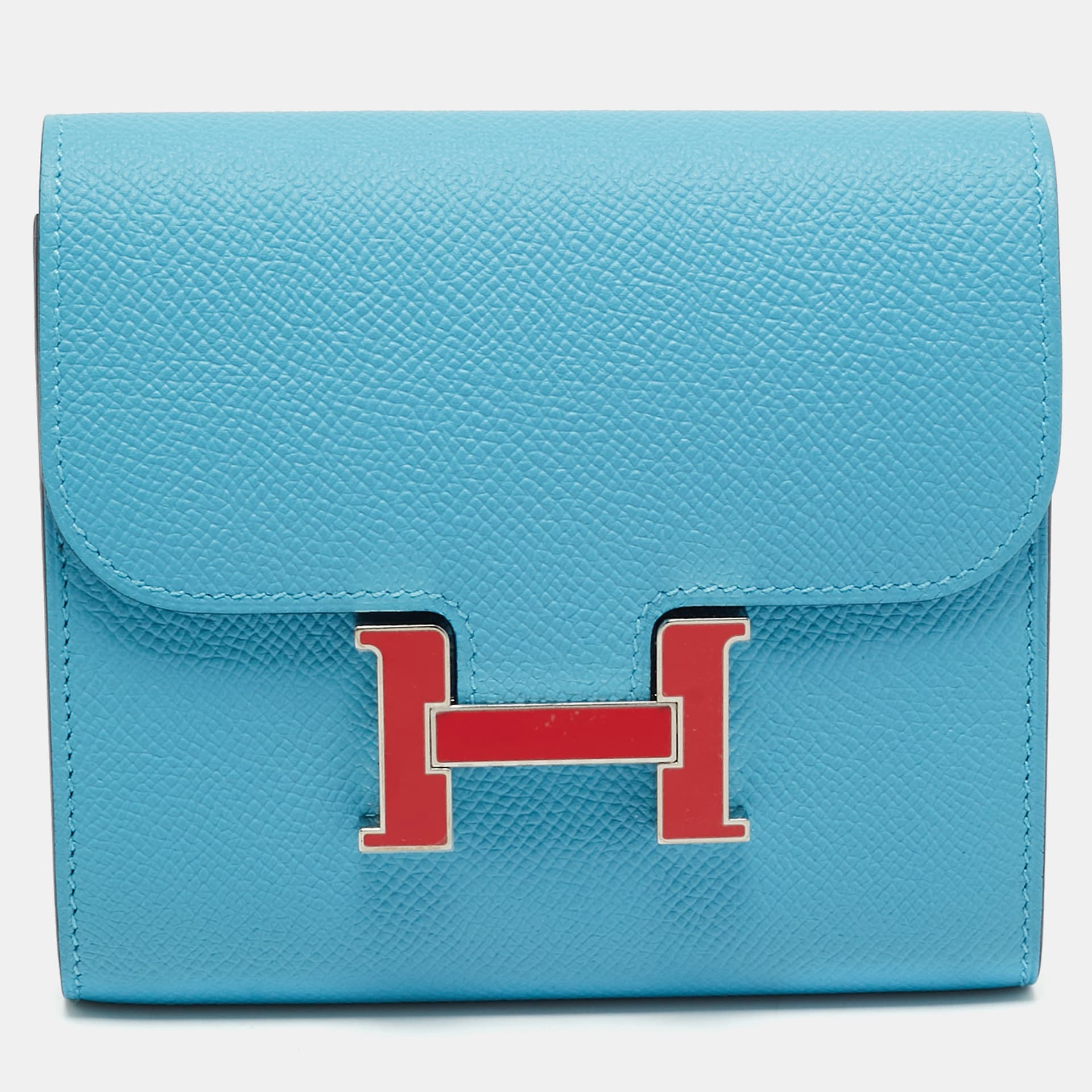 Hermes Constance Passant Bleu du Nord/Rouge Epsom Leather Compact Wallet