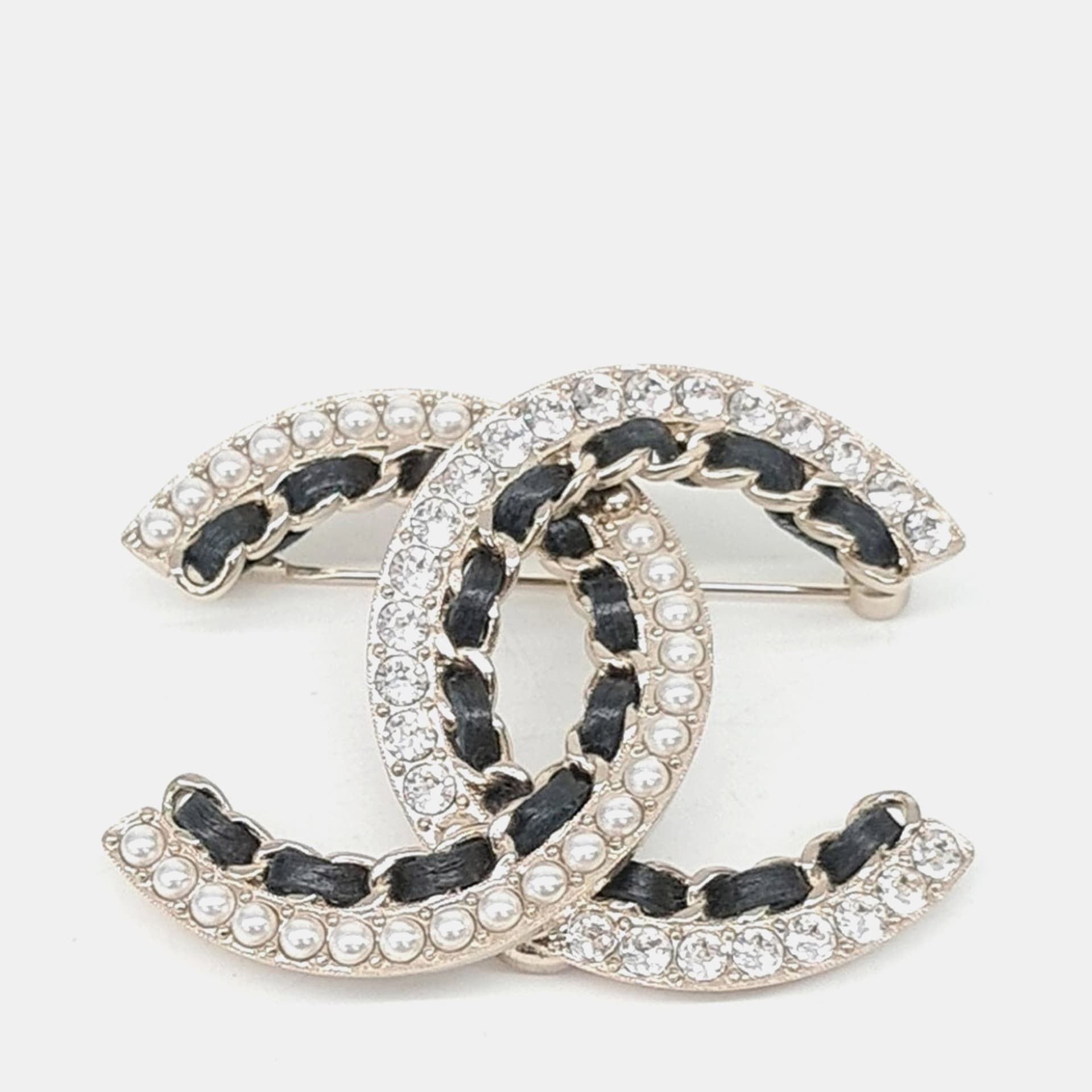Chanel Baguette Crystal CC Brooch Silver Black Logo Brooch