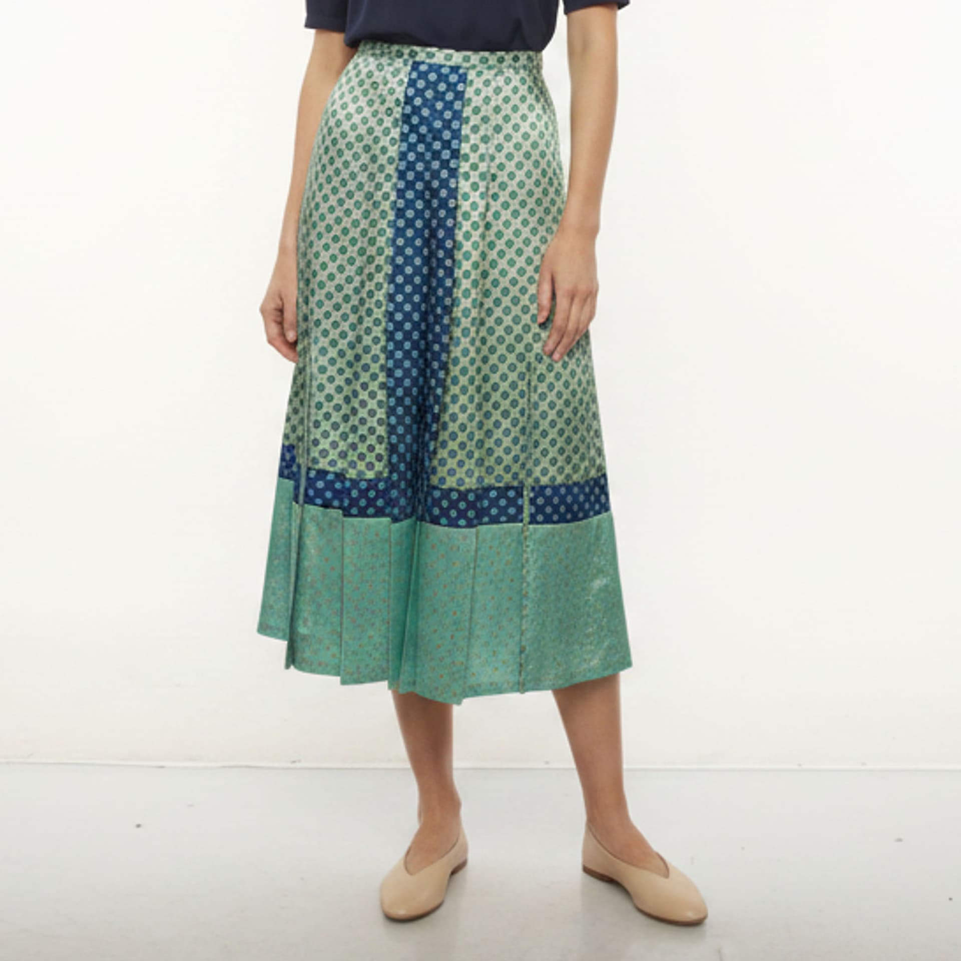 Sandro Green Printed Satin Pleated Midi Skirt XS