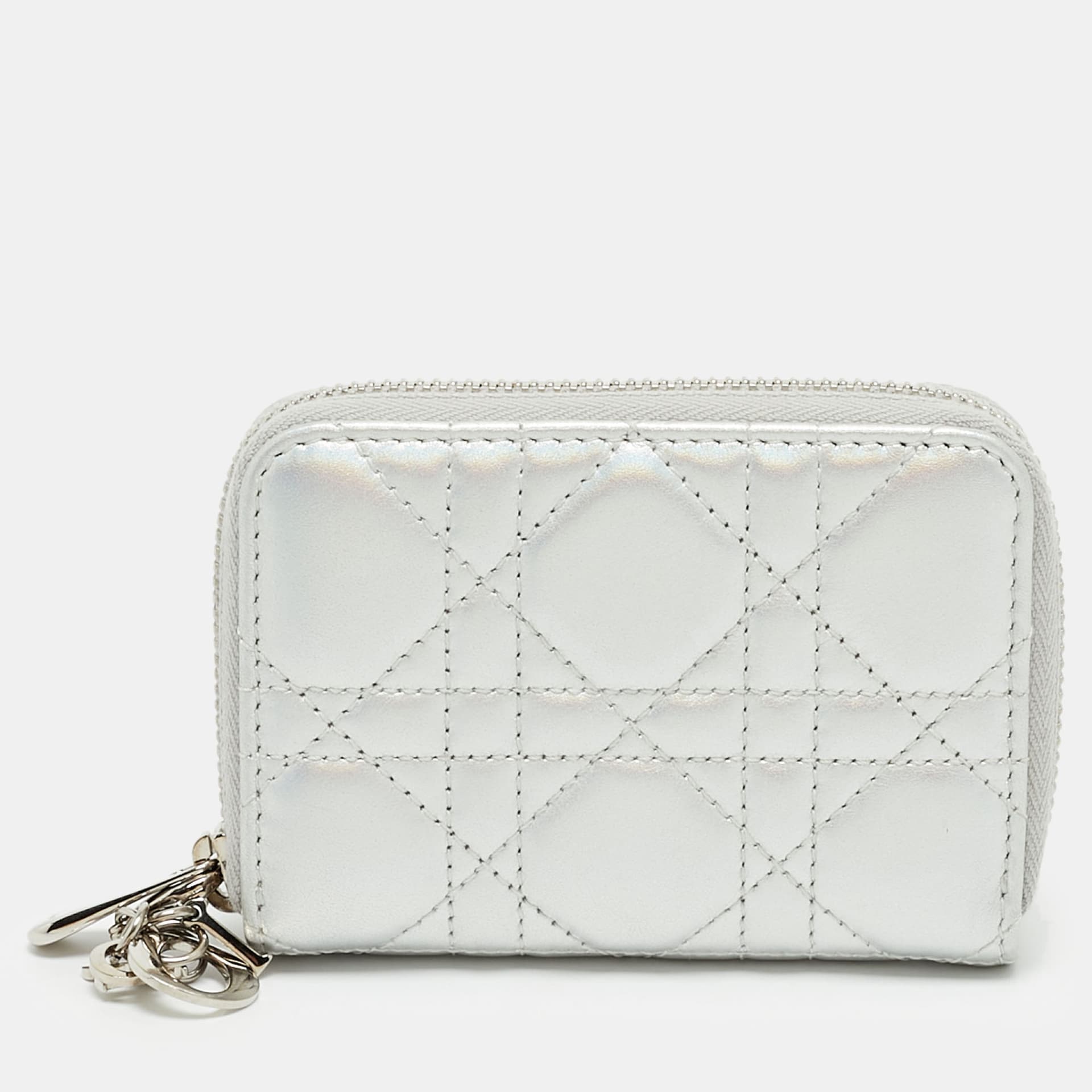 Dior Lady Dior Voyageur Silver Iridescent Cannage Leather Zip Around Wallet
