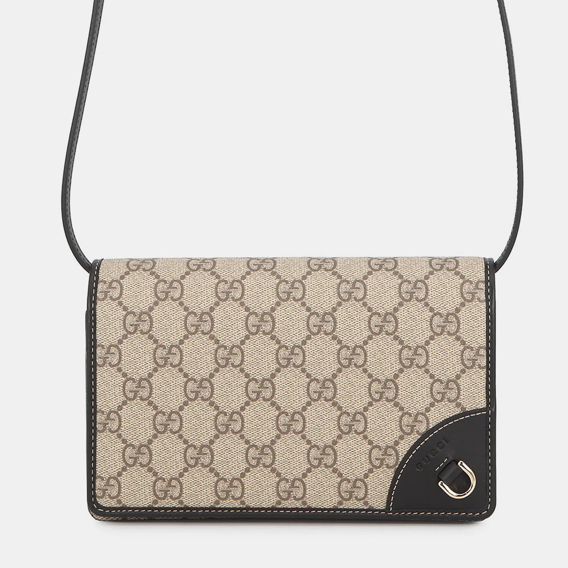 Gucci GG Emblem Wallet On Chain Beige Black PVC Leather Crossbody Bag