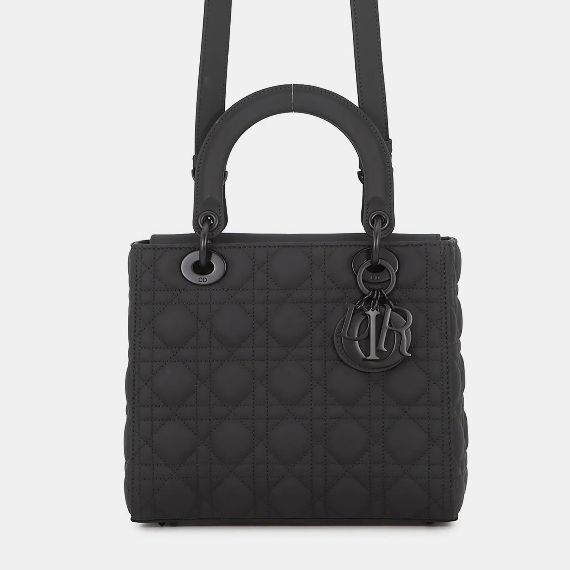 Dior Lady Dior Medium Black Ultra Matte Cannage Calfskin Leather Top Handle Bag