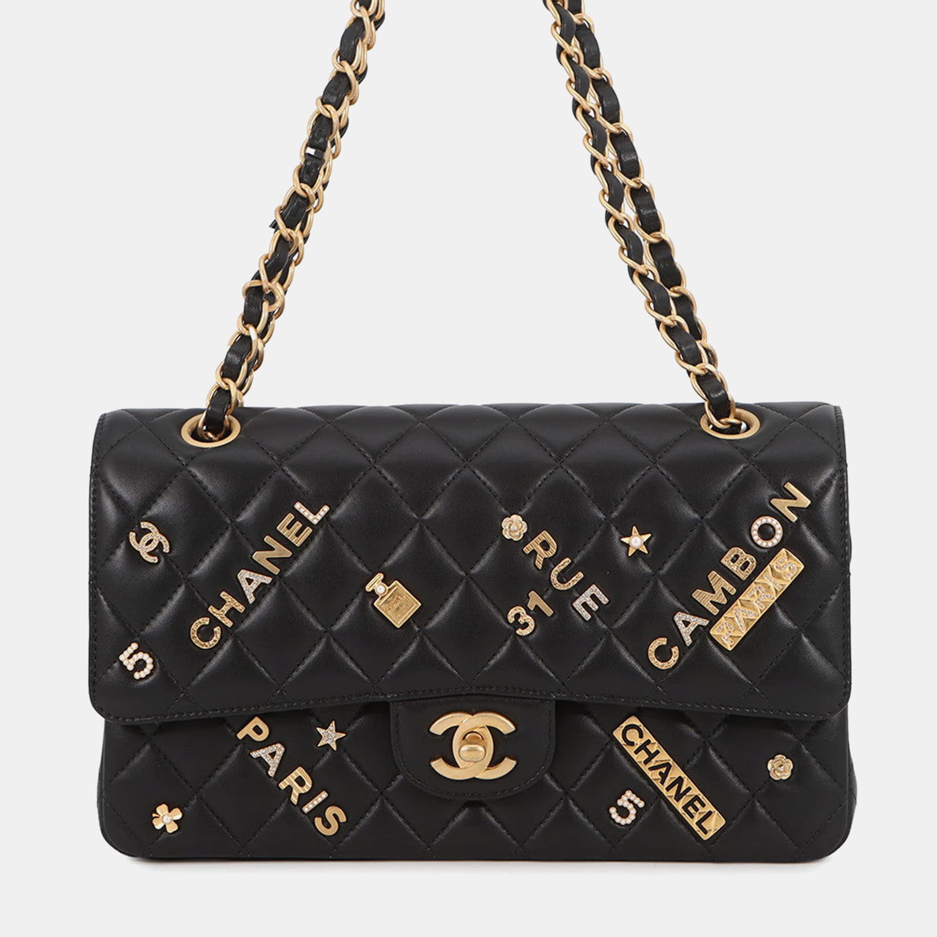Chanel Matelasse Double Flap 25 Black Lambskin Leather Shoulder Bag