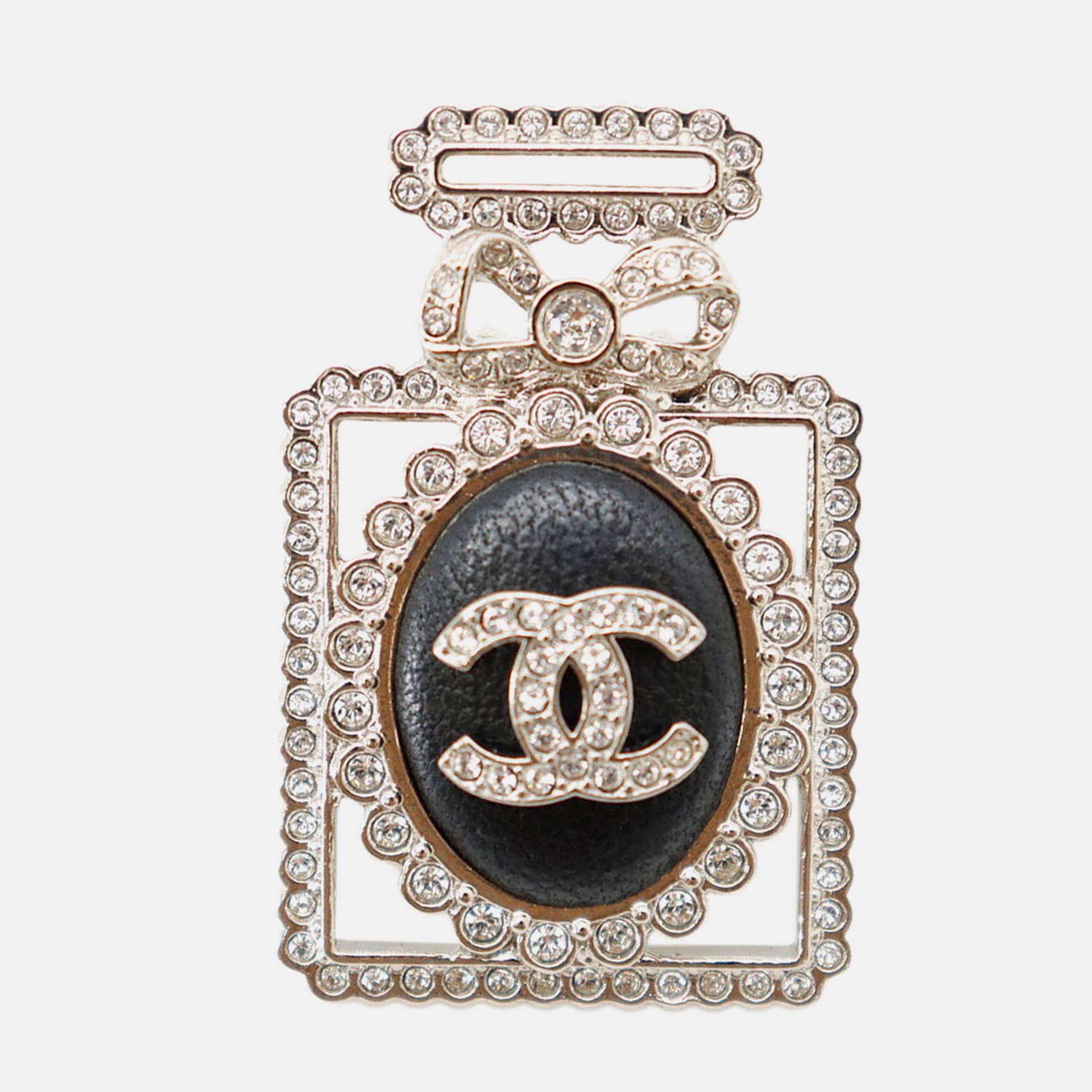 Chanel Perfume Motif Bottle Brooch Black Metal Rhinestone Leather