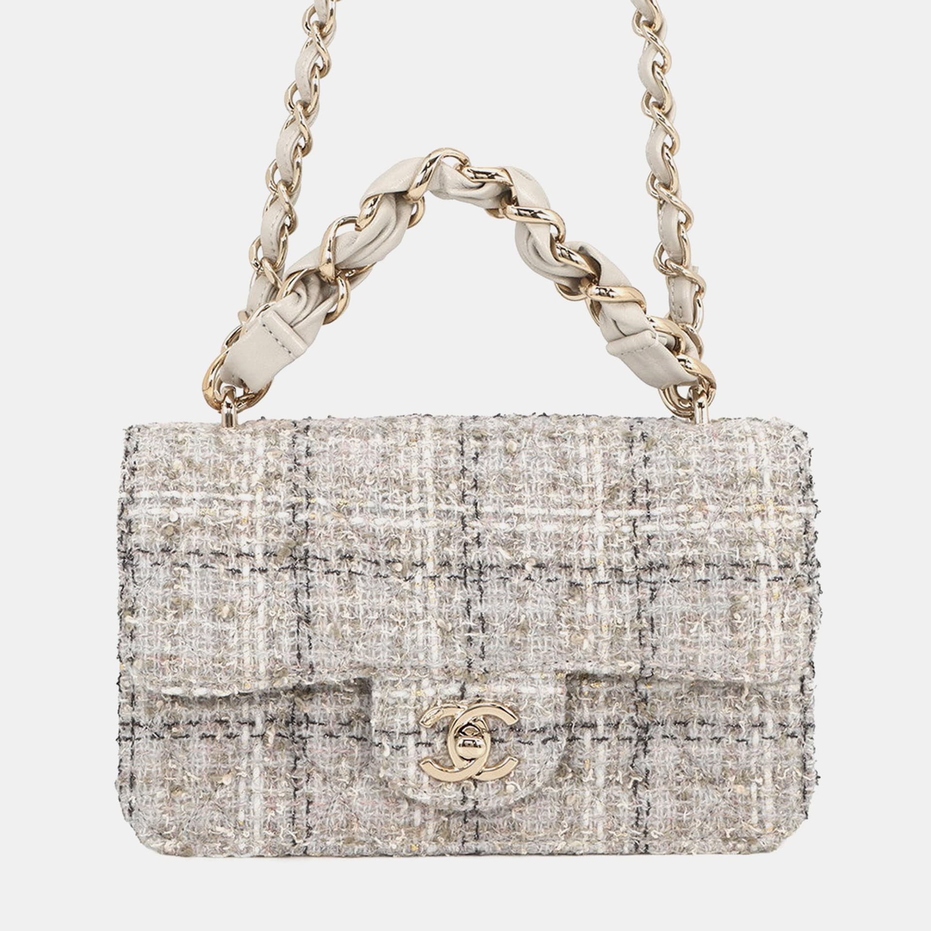 Chanel Matelasse Single Flap 20 Gray Tweed Shoulder Bag