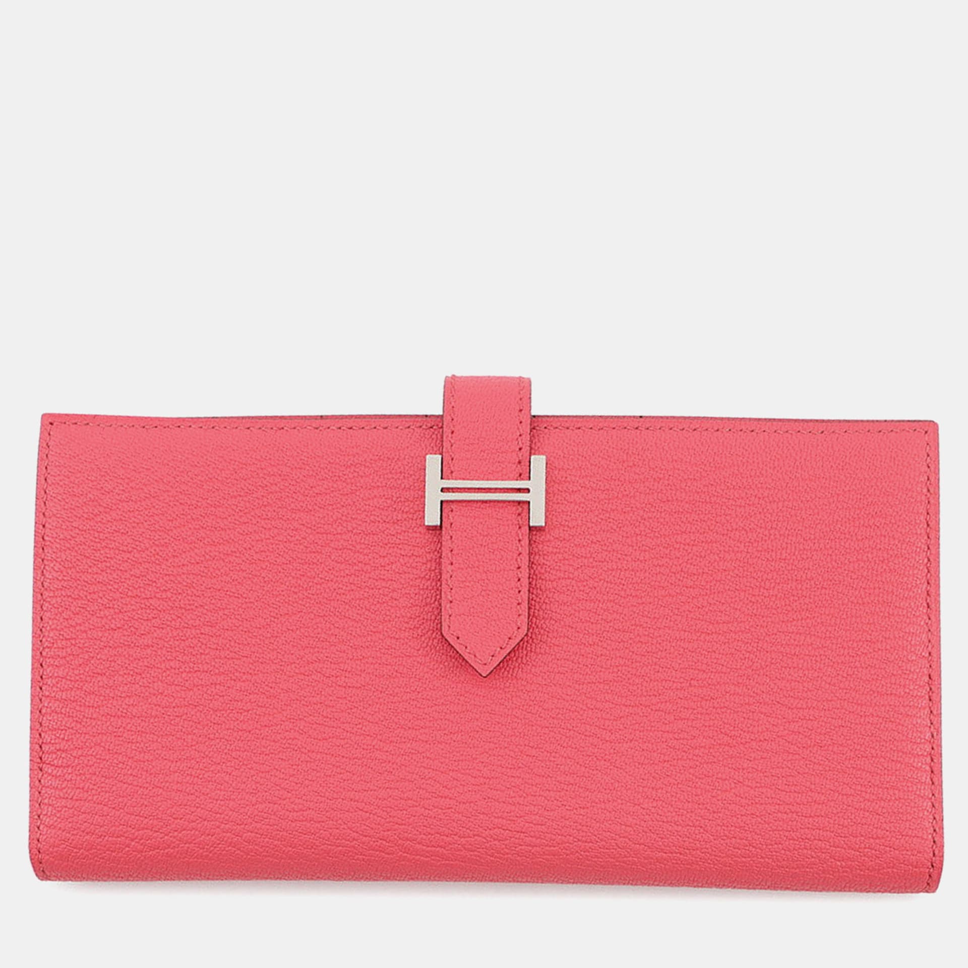 Hermes Bearn Soufflet Rose Azalee Chevre Myzore Goatskin Leather Wallet Bag