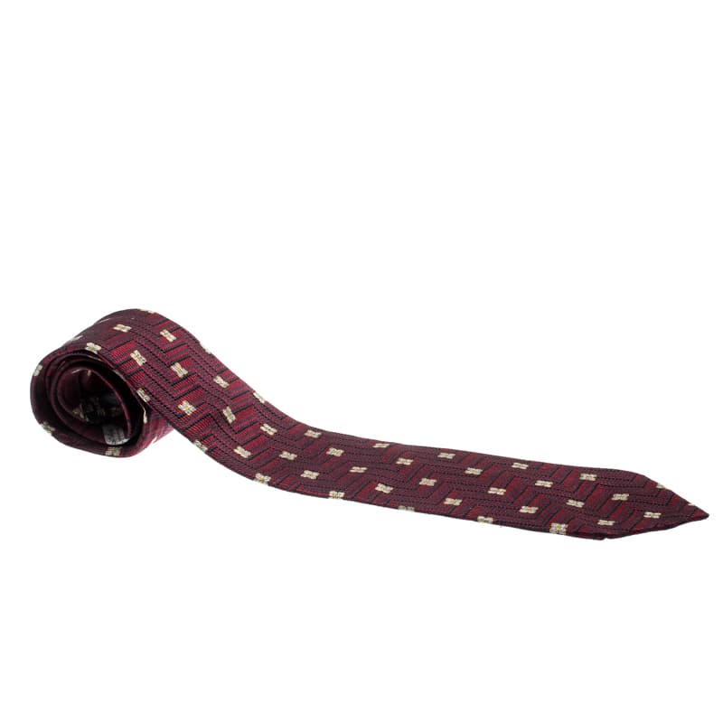 Ermenegildo Zegna Burgundy Silk Jacquard Zig Zag Floral Pattern Tie