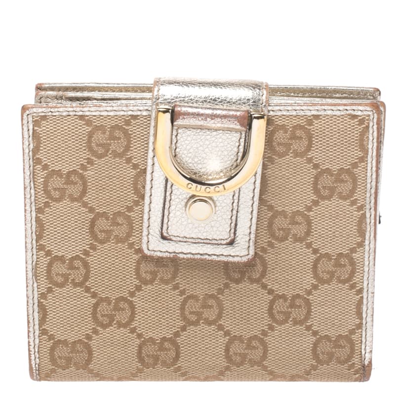 Gucci Beige/Metallic Gold GG Canvas Abbey D Ring Compact Wallet