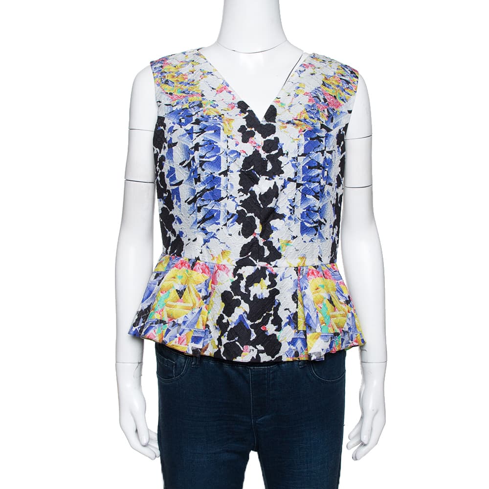 Peter Pilotto Multicolor Printed Silk Jacquard Peplum Detail Sleeveless Top M
