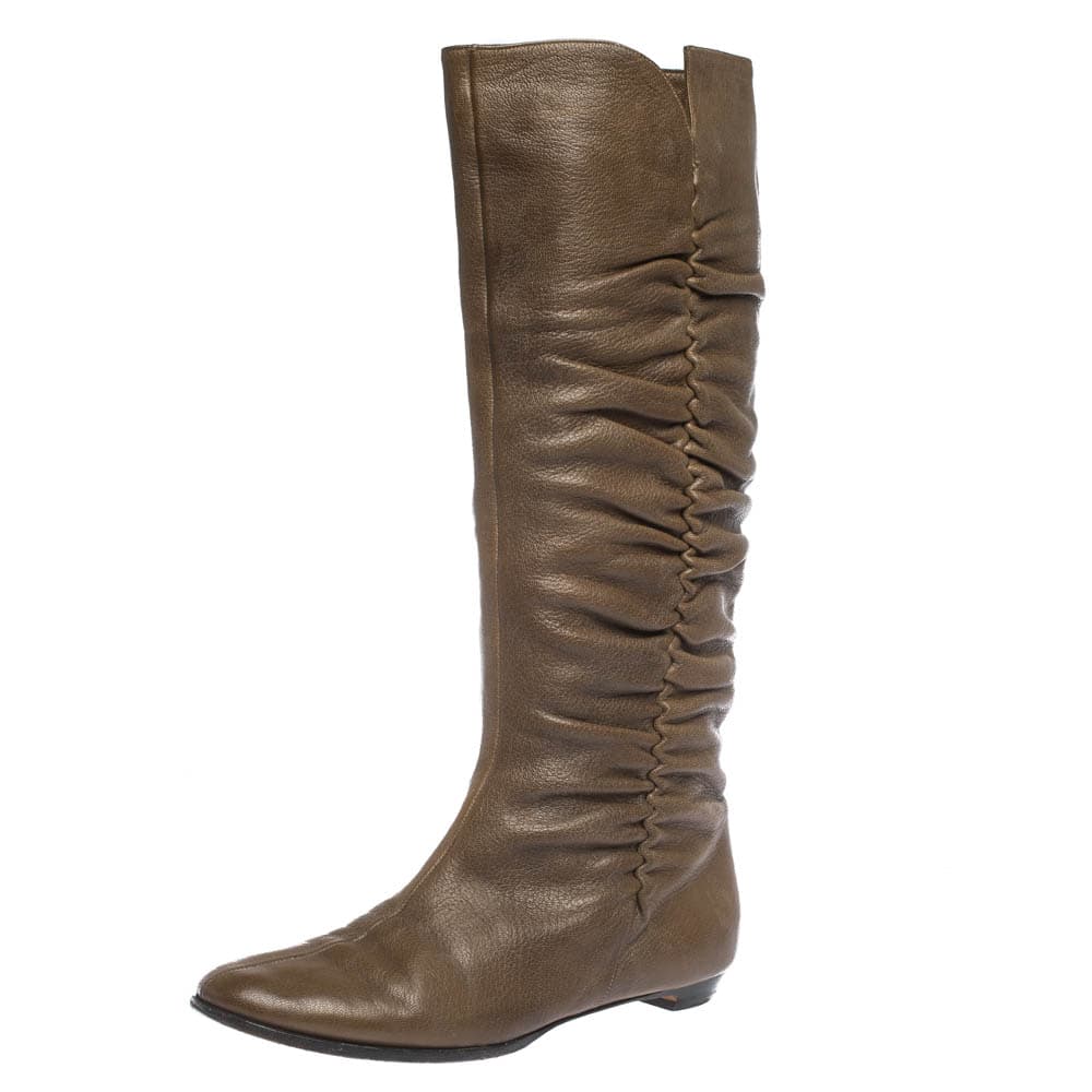 Jimmy Choo Brown Leather Pleat Detail Knee High Boots Size 38.5