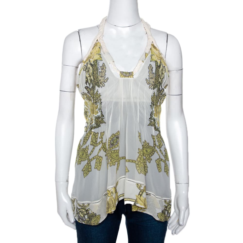 Roberto Cavalli Cream Printed Silk Sheer Halter Top S