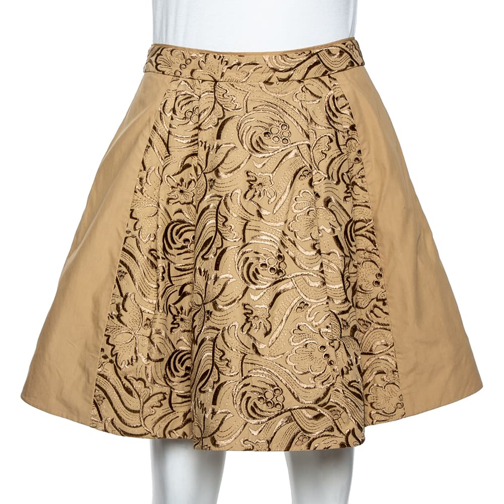 Roberto Cavalli Beige Embroidered Cotton Pleated Mini Skirt S