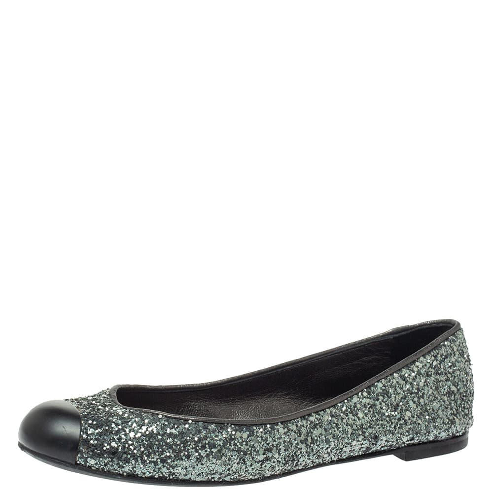 Giuseppe Zanotti Grey Glitter Fabric Cap Toe Ballet Flats Size 35
