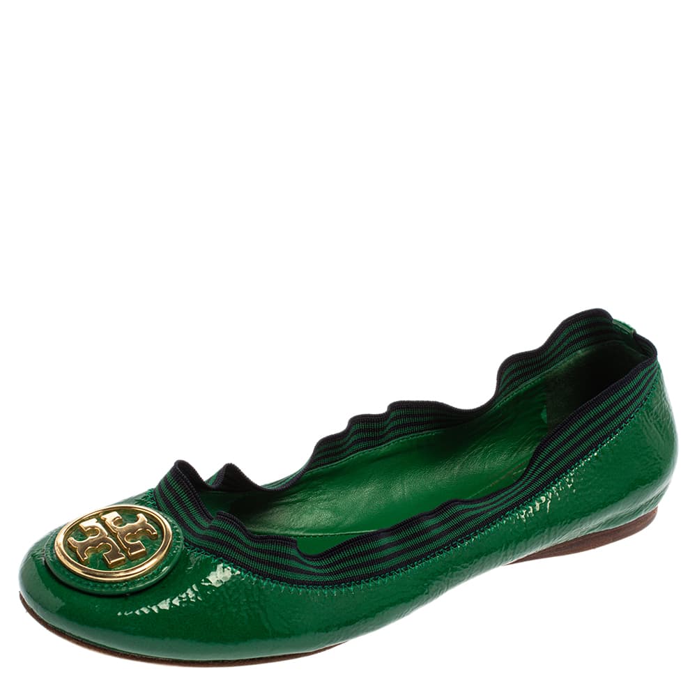 Tory Burch Green Patent Leather Caroline Ballet Flats Size 38.5