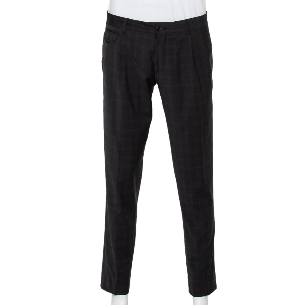 Dolce & Gabbana Charcoal Grey Checkered Wool Tapered Leg Pants L