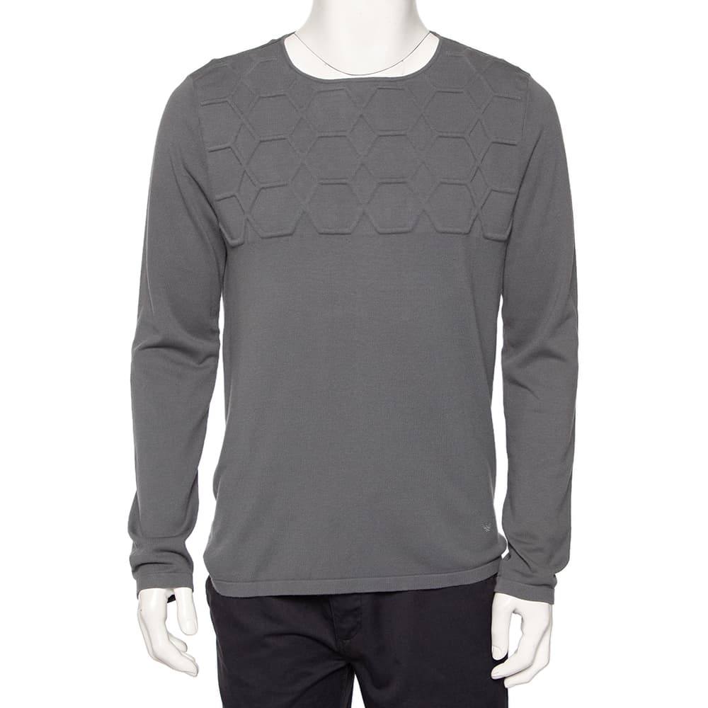 Emporio Armani Grey Embossed Knit Round Neck Sweater L