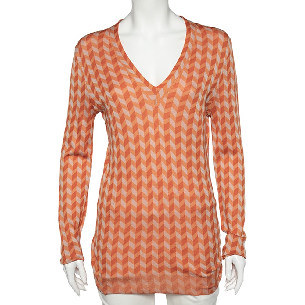 Bottega Veneta Orange Chevron Knit V-Neck Long Sleeve Sweater M