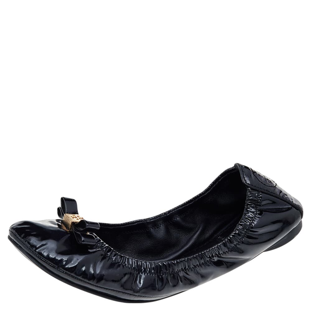 Tory Burch Black Patent Leather Scrunch Ballet Flats Size 37