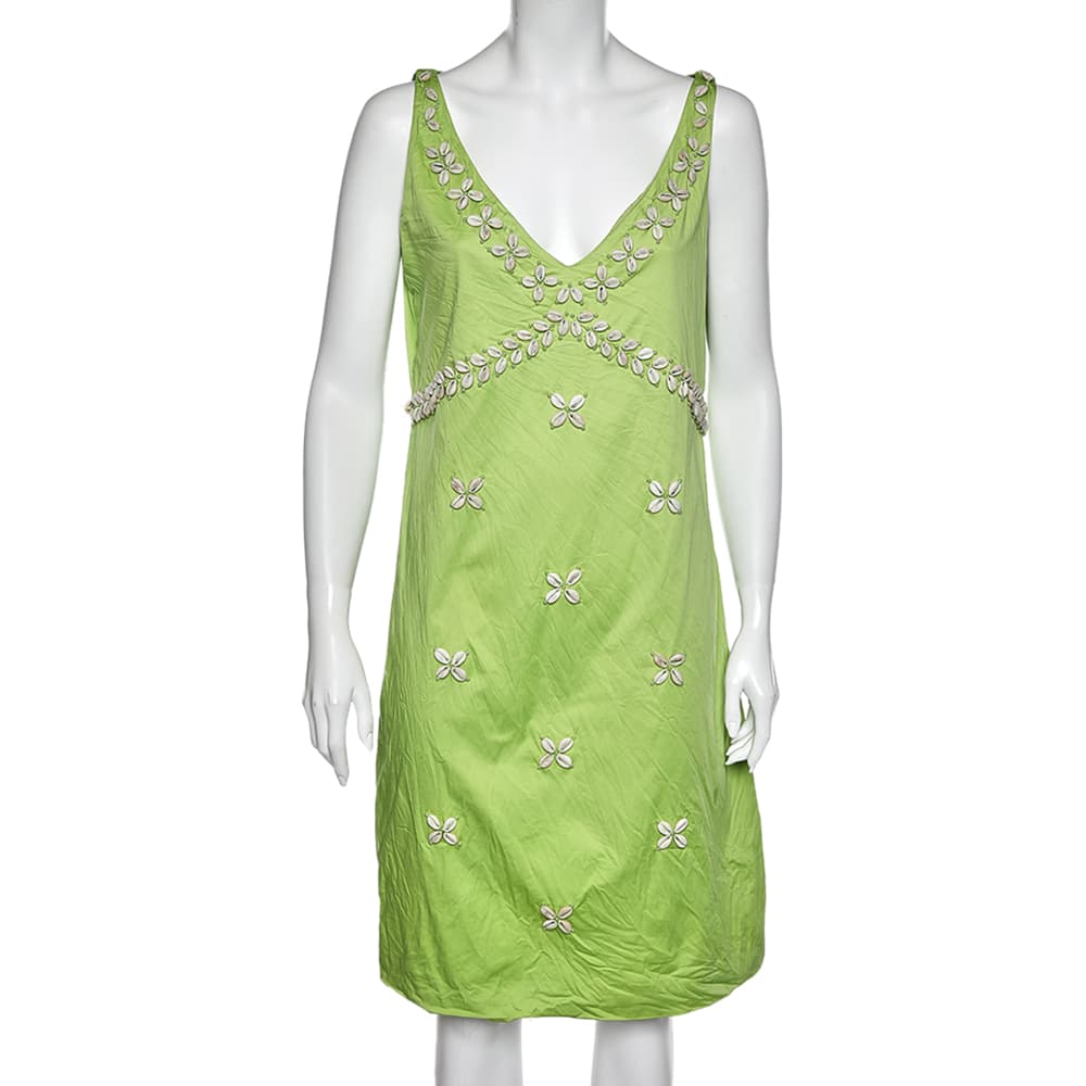 Moschino Cheap & Chic Green Cotton Shell Appliqu&eacute; Sleeveless Dress L