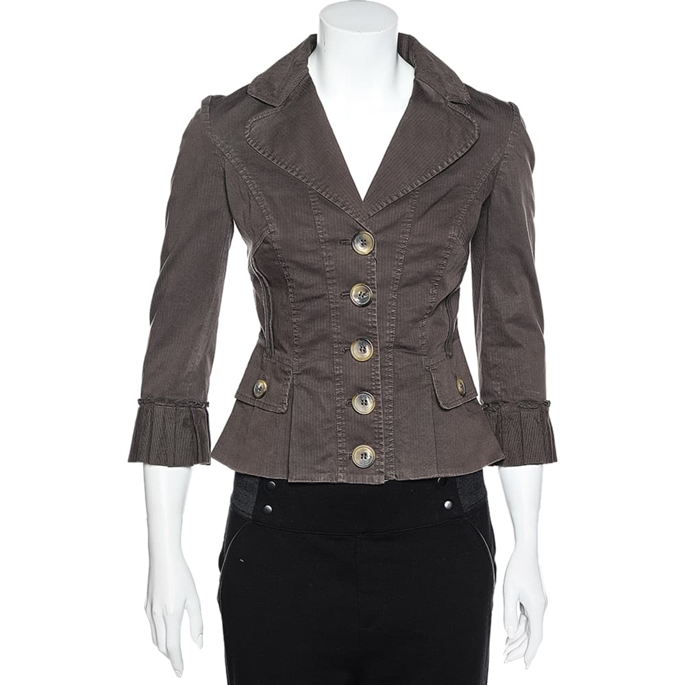 D&G Vintage Brown Cotton Textured Trim Button Front Blazer S