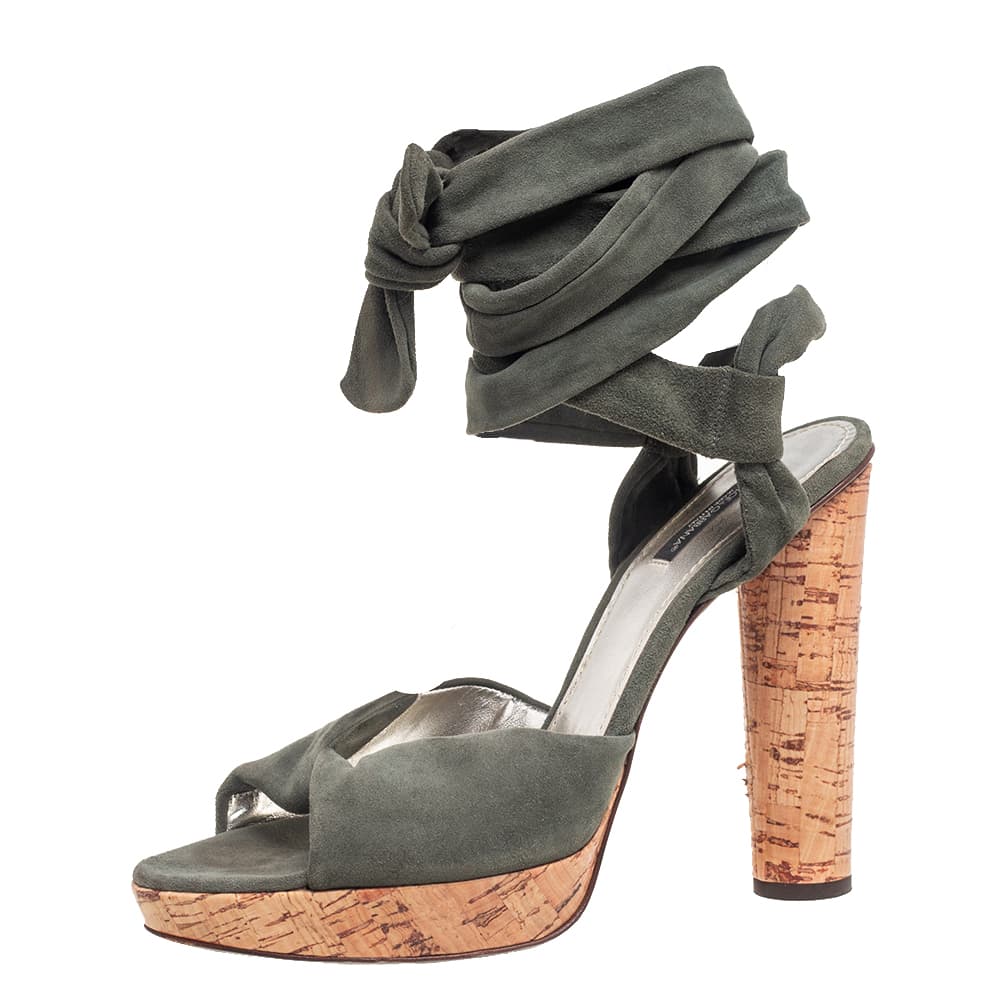 Dolce & Gabbana Army Green Suede Ankle-Wrap Sandals Size 41