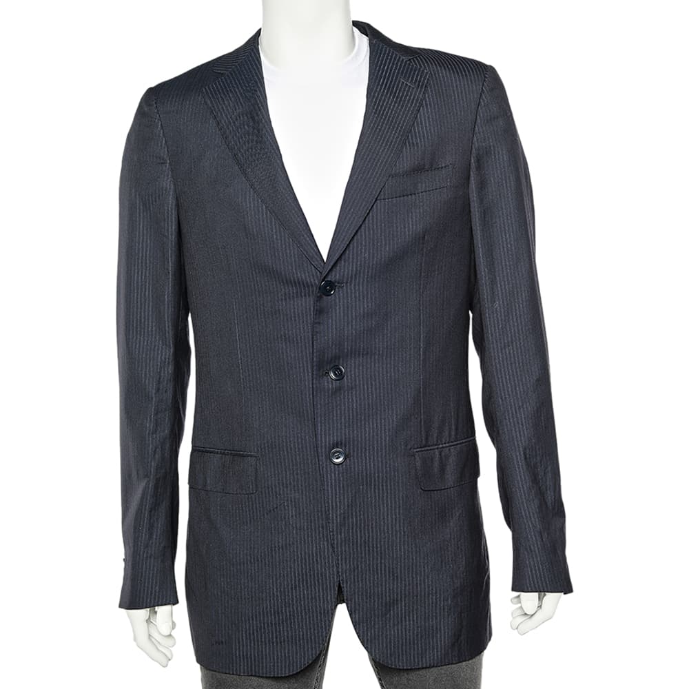Ermenegildo Zegna Dark Blue Tonal Striped Wool Blazer L