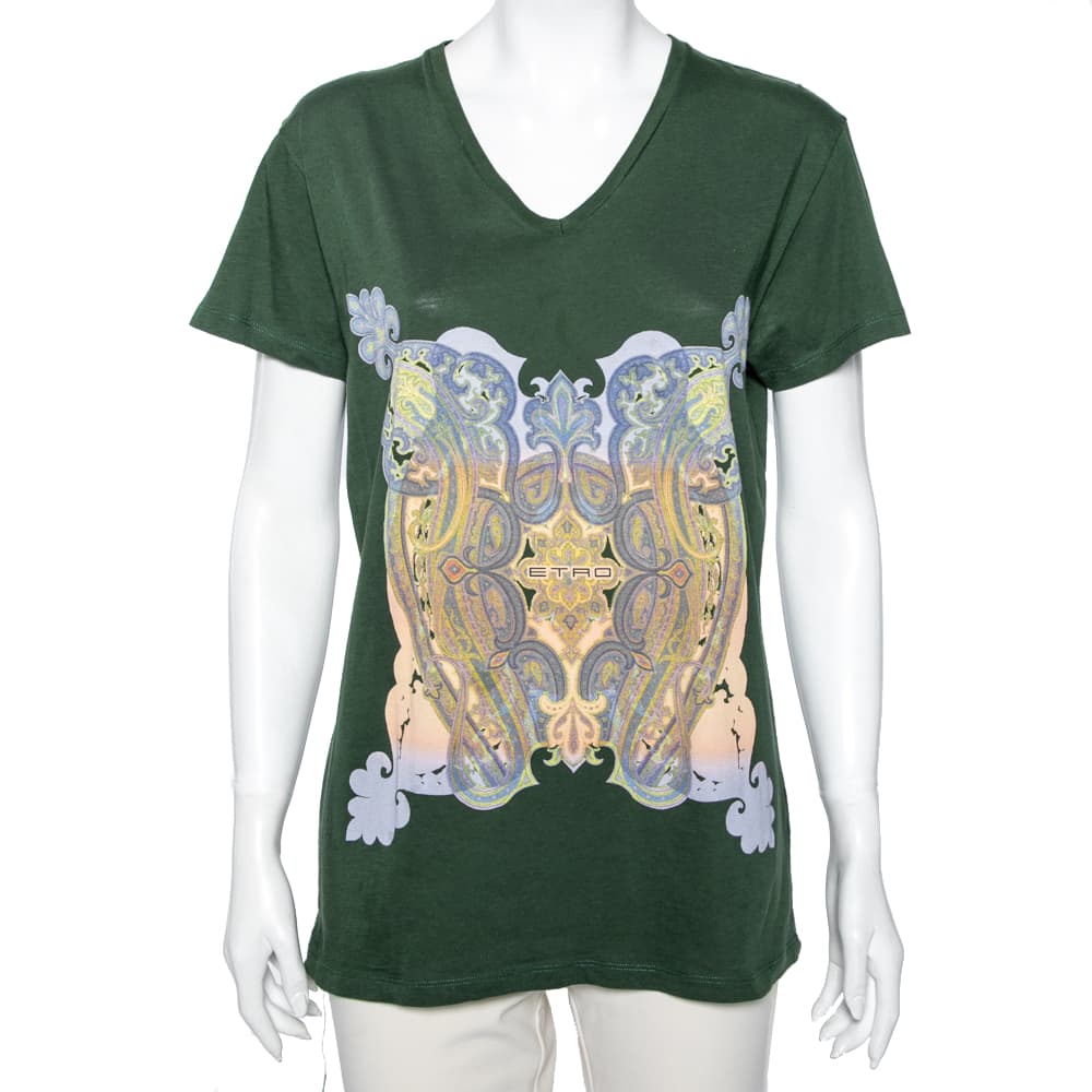 Etro Green Paisley Printed Cotton Short Sleeve T-Shirt S