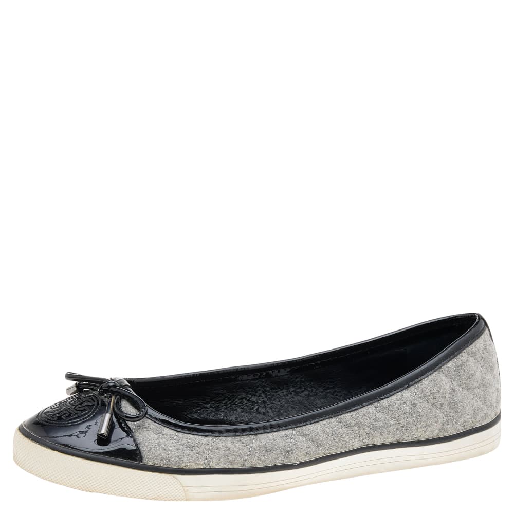 Tory Burch Size 37.5 Grey Patent Leather and Wool Ballet Flats