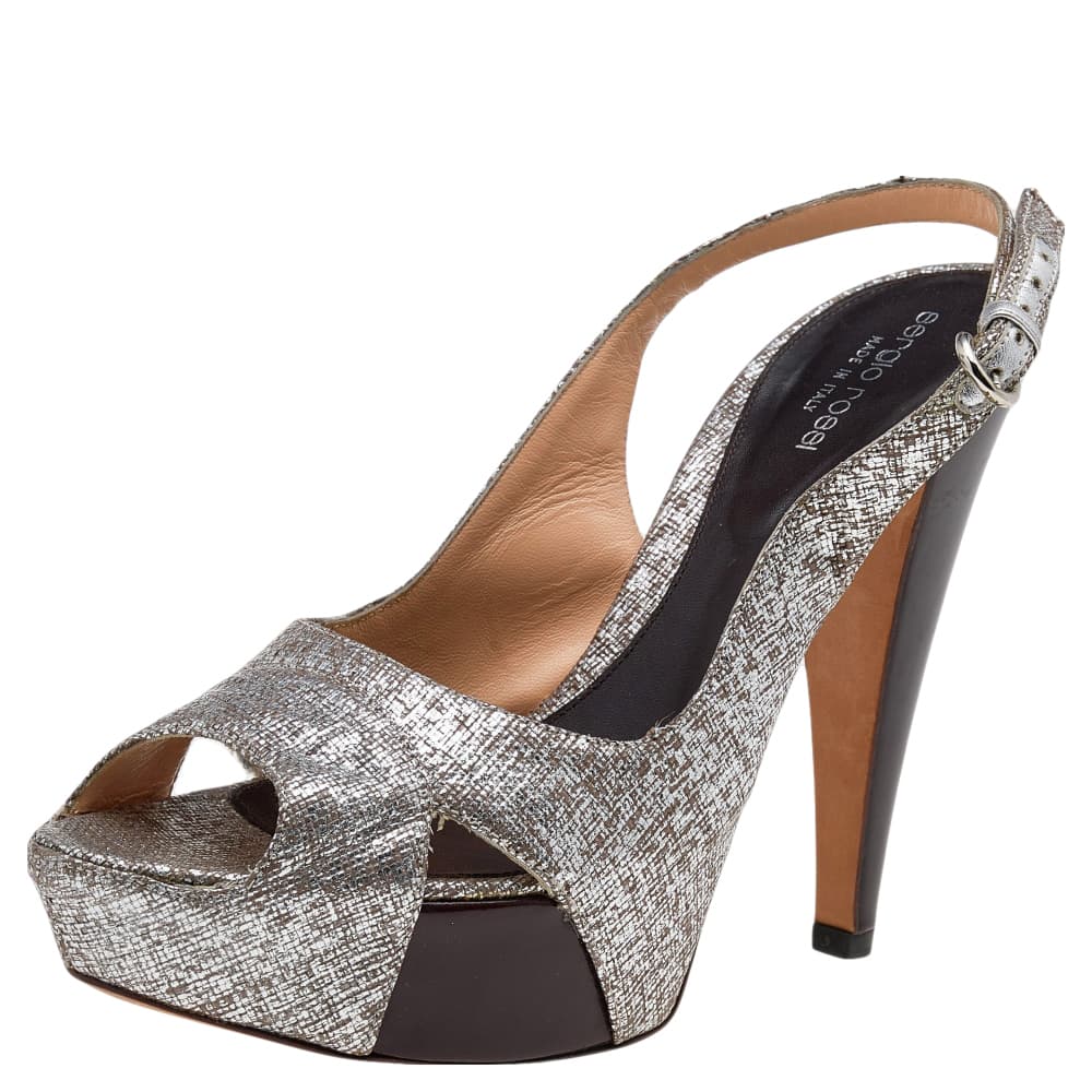 Sergio Rossi Silver Textured Leather Platform Slingback Sandals Size 40