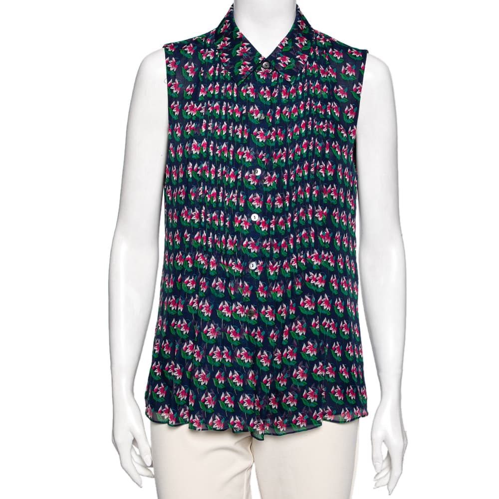 Diane von Furstenberg Blue Floral Printed Pleated Front Sleeveless Top L