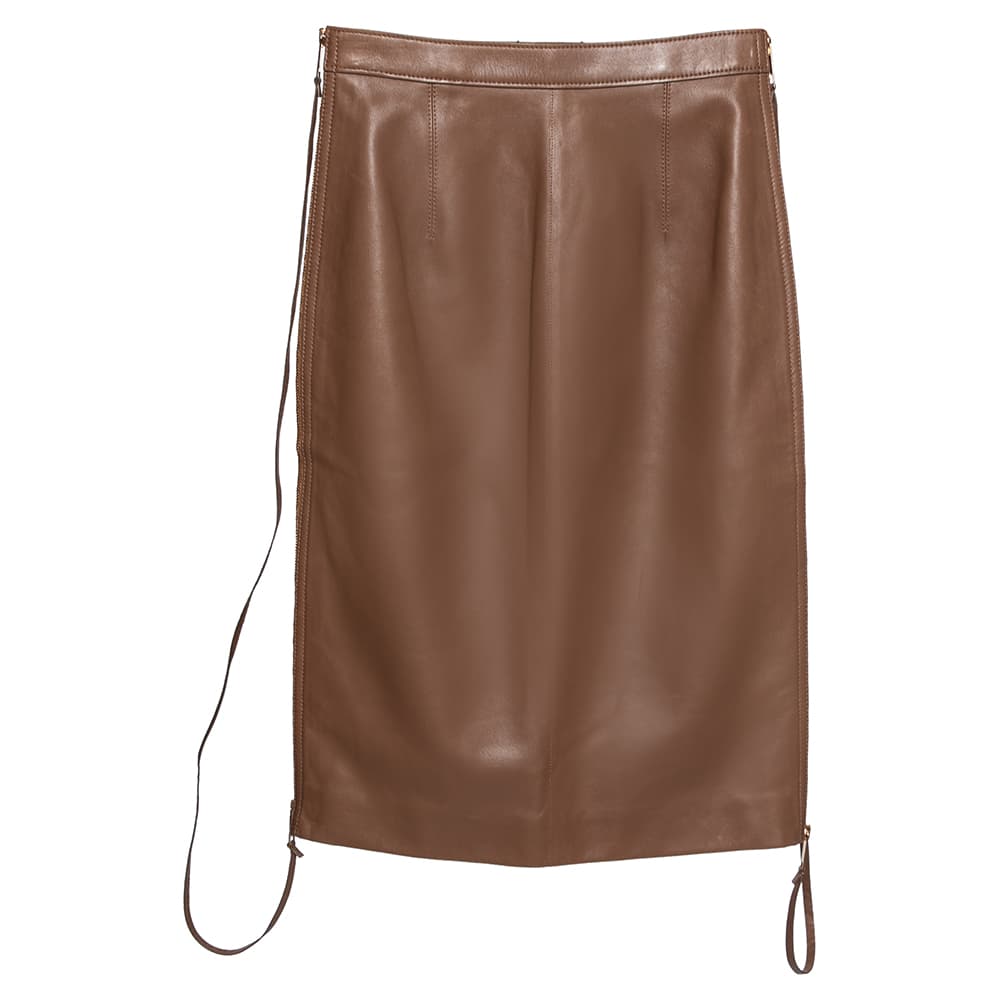 Burberry Brown Leather Double Zip Pencil Midi Skirt XS