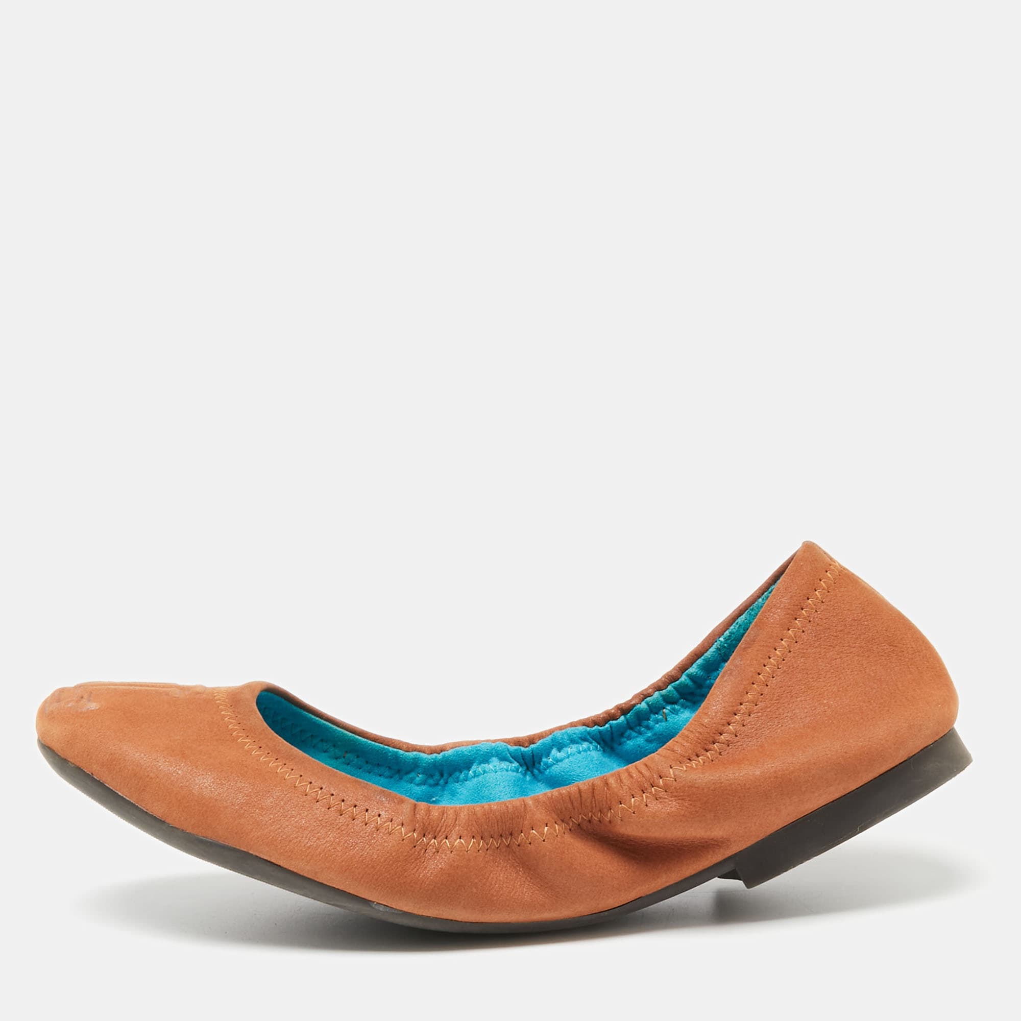 Ralph Lauren Tan Leather Embossed Logo Scrunch Ballet Flats Size 37