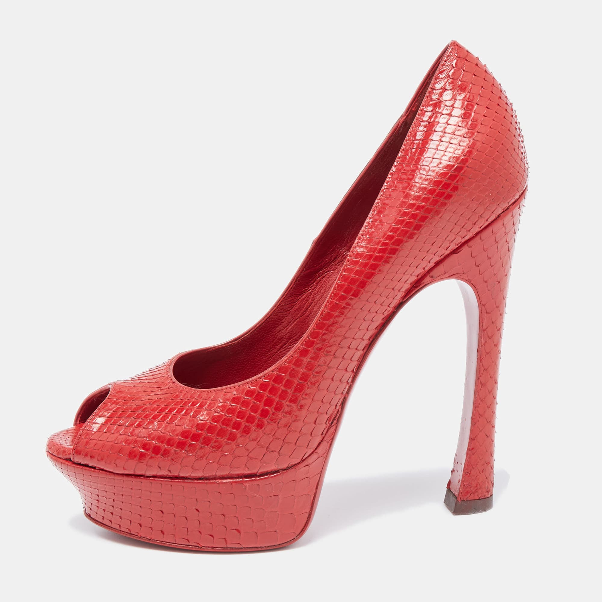 Saint Laurent Paris Palais Size 38 Red Snakeskin Leather Peep Toe Pumps