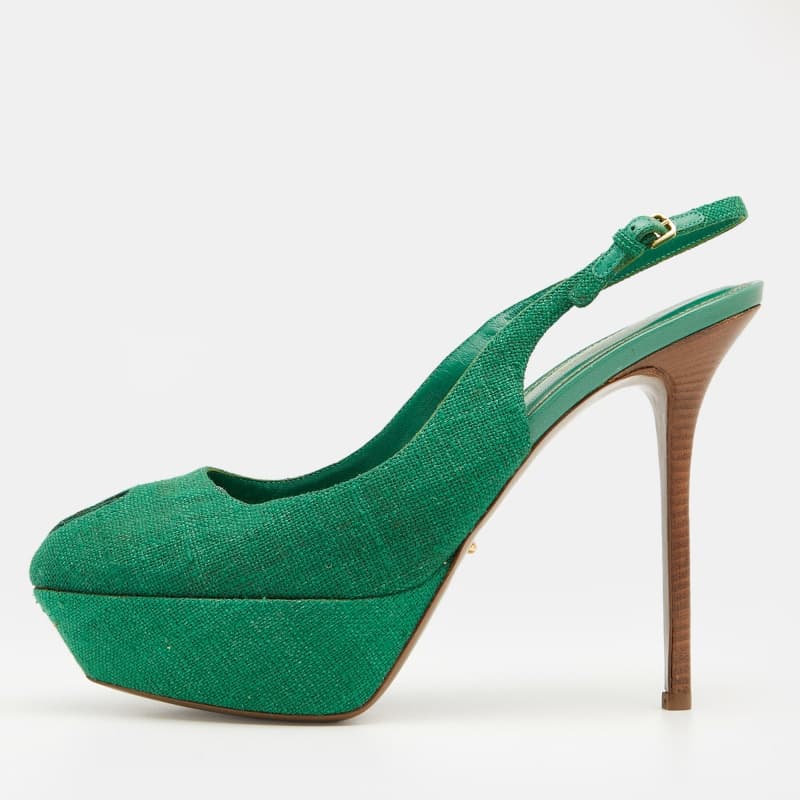 Sergio Rossi Green Canvas Platform Peep Toe Ankle Strap Sandals Size 40