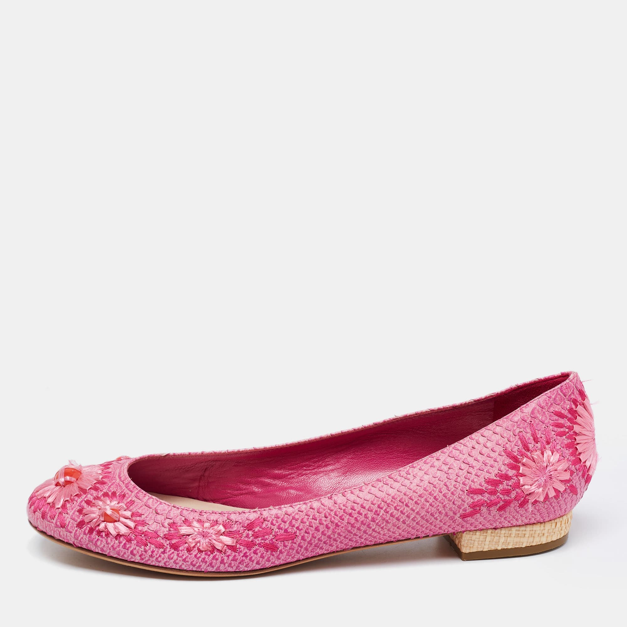 Dior Pink Python Leather Floral Raffia Ballet Flats Size 40.5