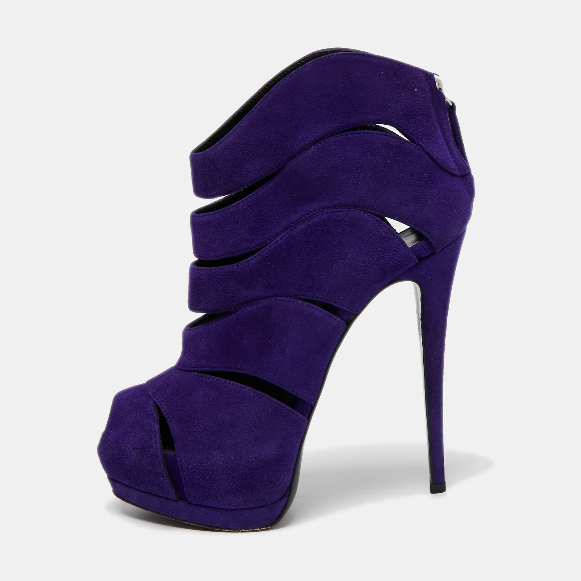 Giuseppe Zanotti Purple Suede Wave Cut Out Peep Toe Platform Booties Size 38