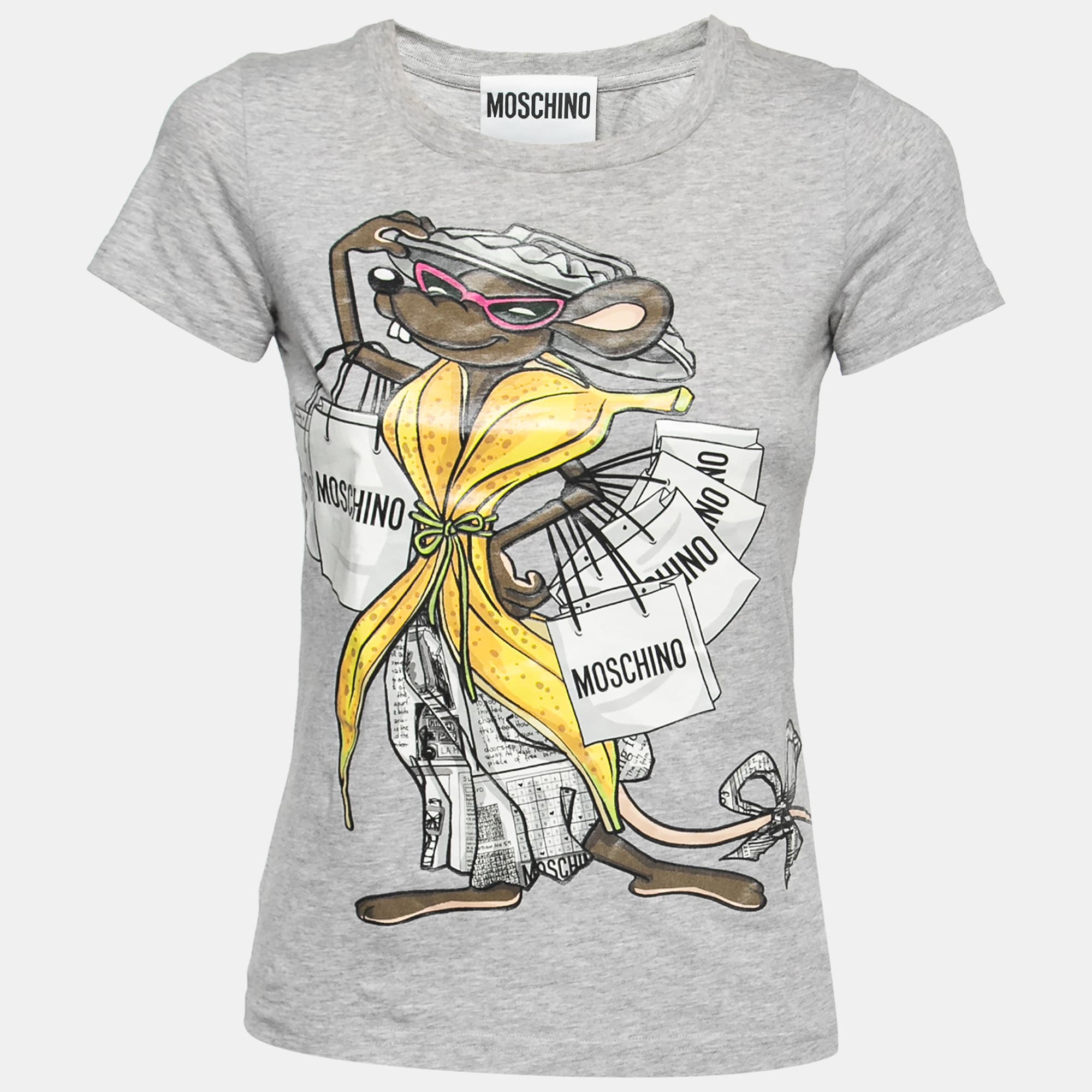 Moschino Couture Grey Shopaholic Mouse Print Cotton T-Shirt XXS