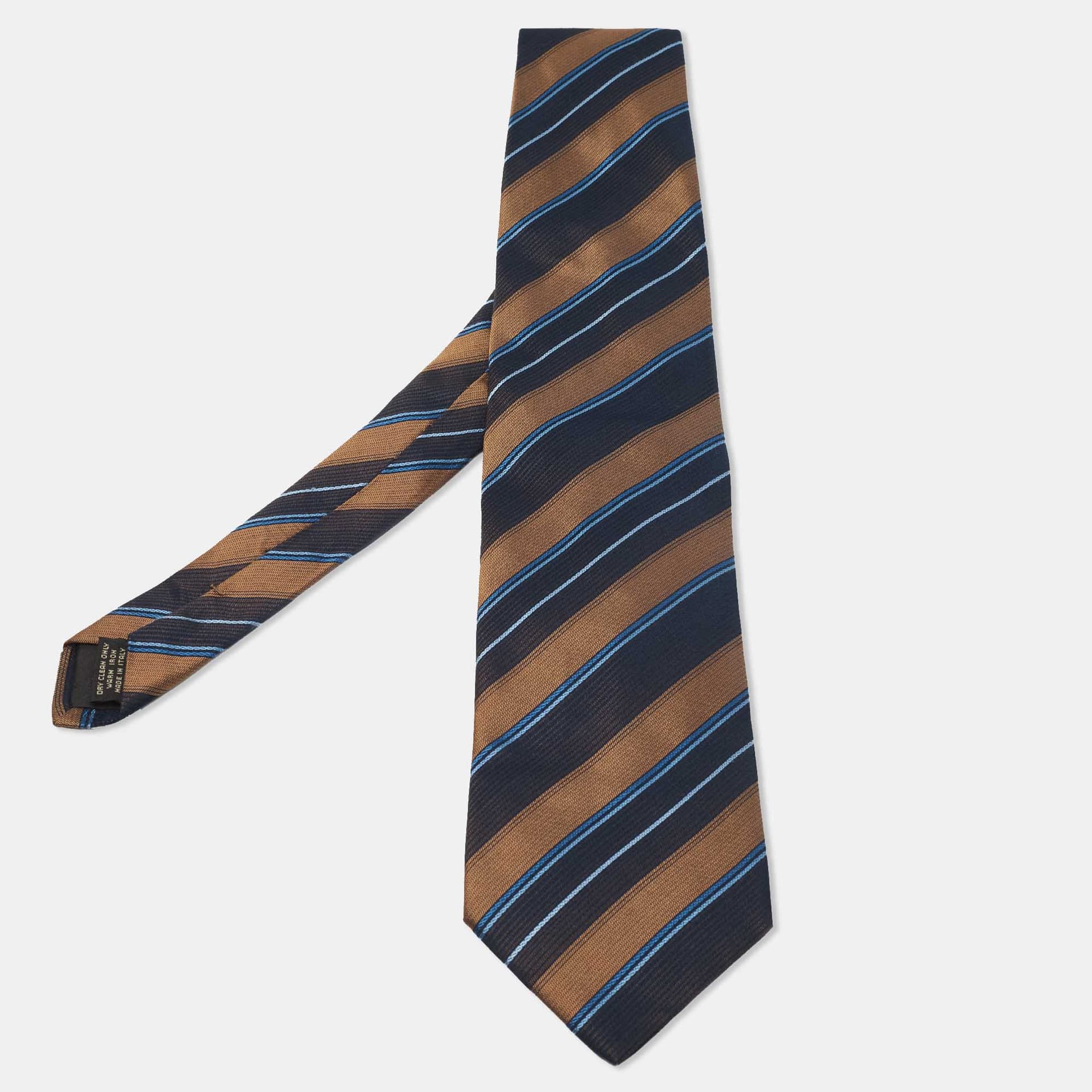 Ermenegildo Zegna Brown & Navy Blue Diagonal Striped Silk Tie