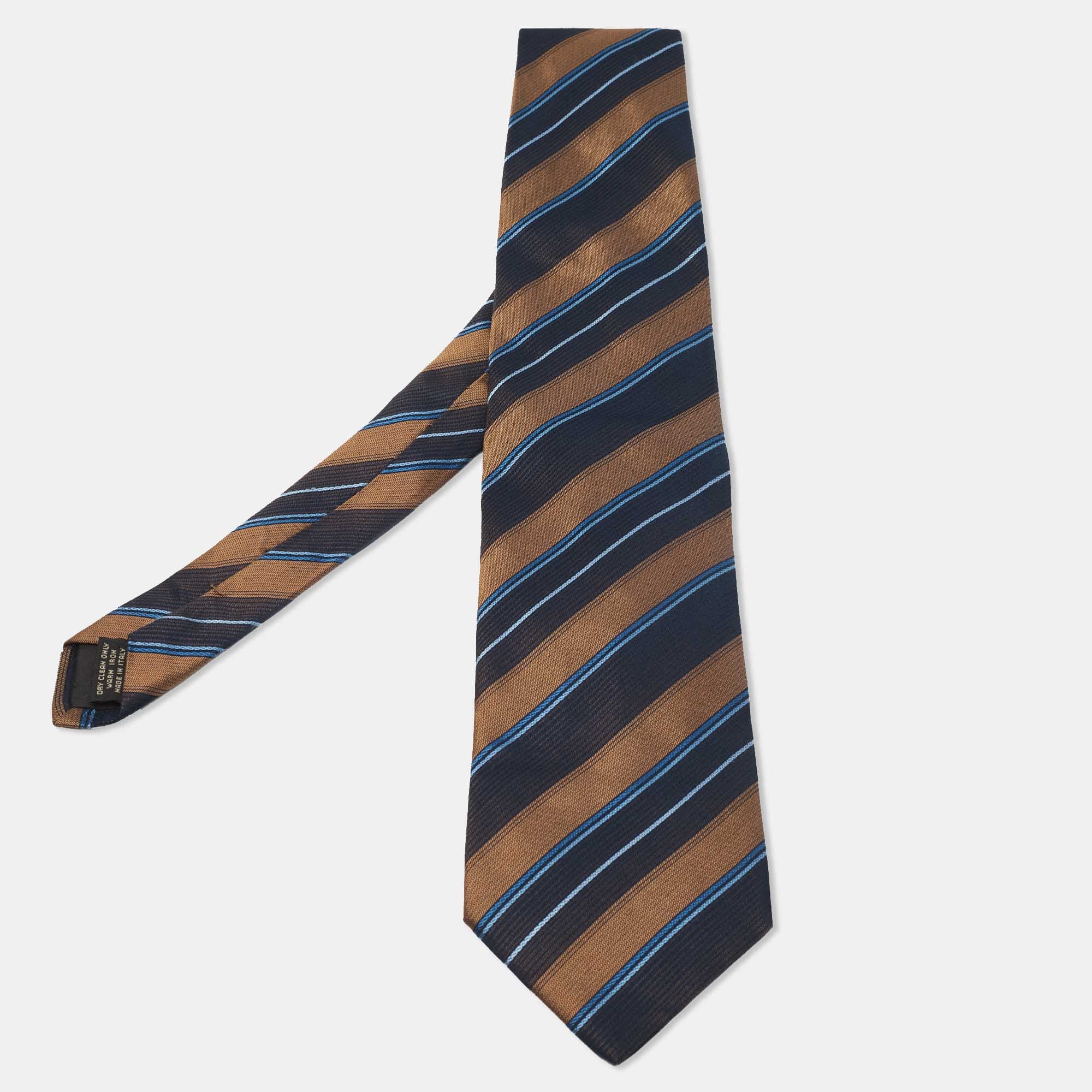 Ermenegildo Zegna Brown & Navy Blue Diagonal Striped Silk Tie