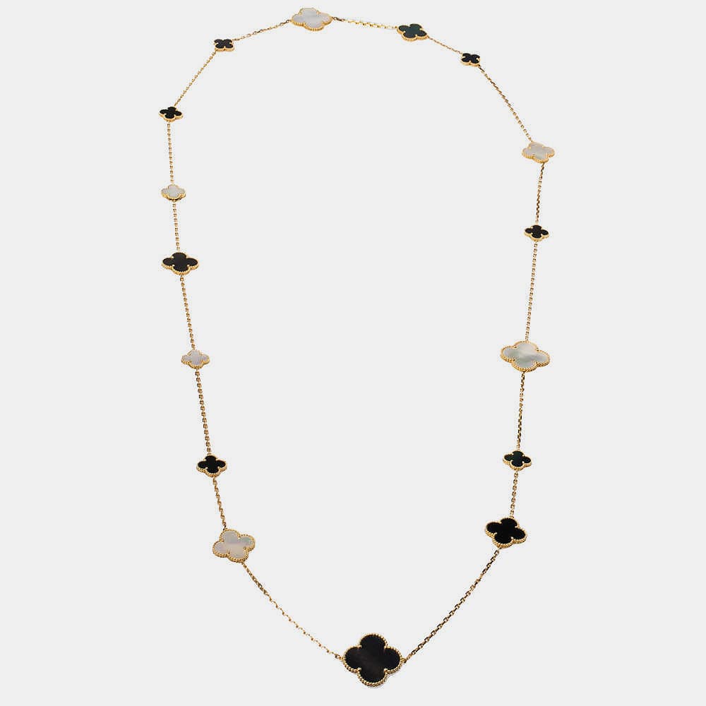 Van Cleef & Arpels Magic Alhambra Mother of Pearl 18k Yellow Gold 16 Motif Station Onyx Necklace