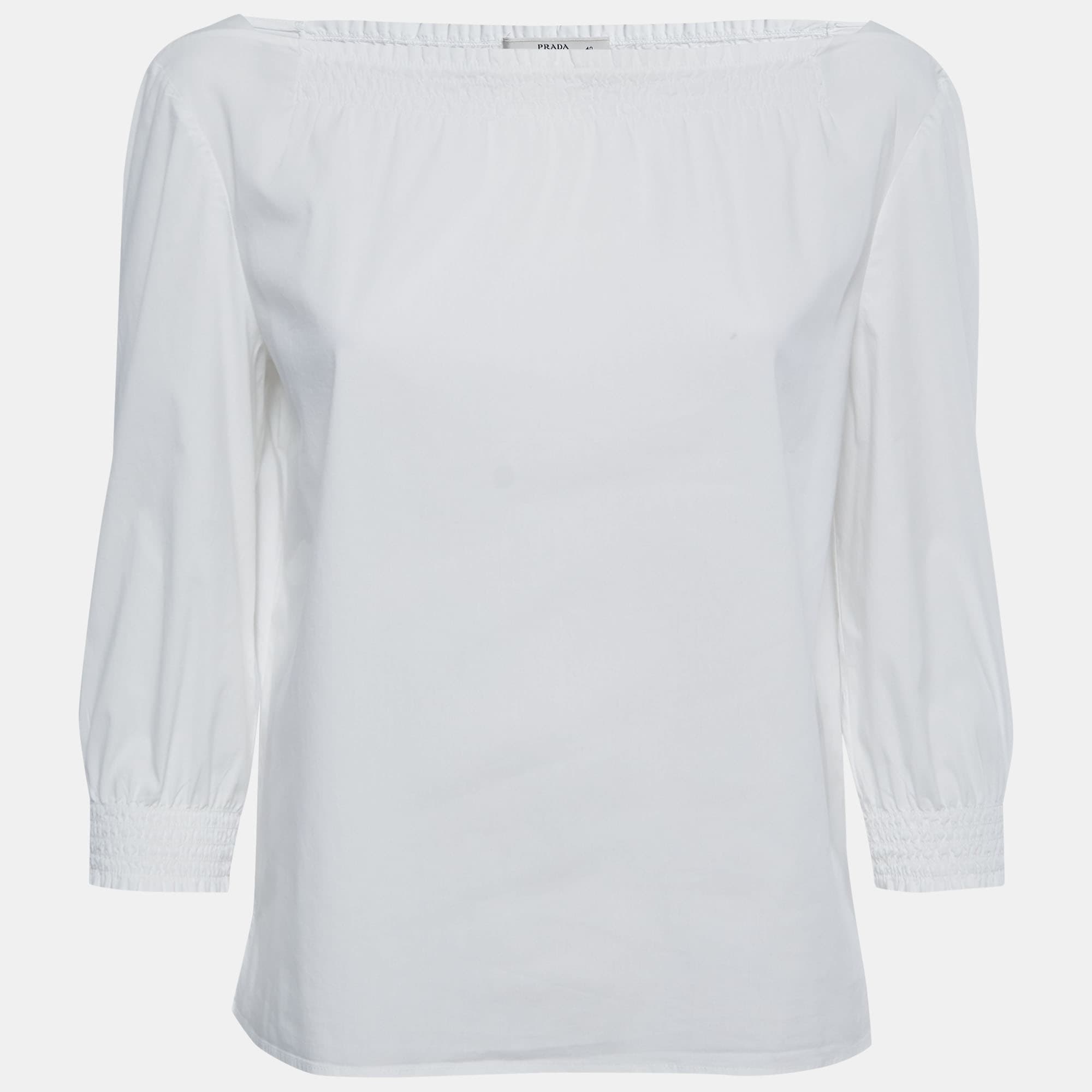Prada White Cotton Smocked Detail Top S