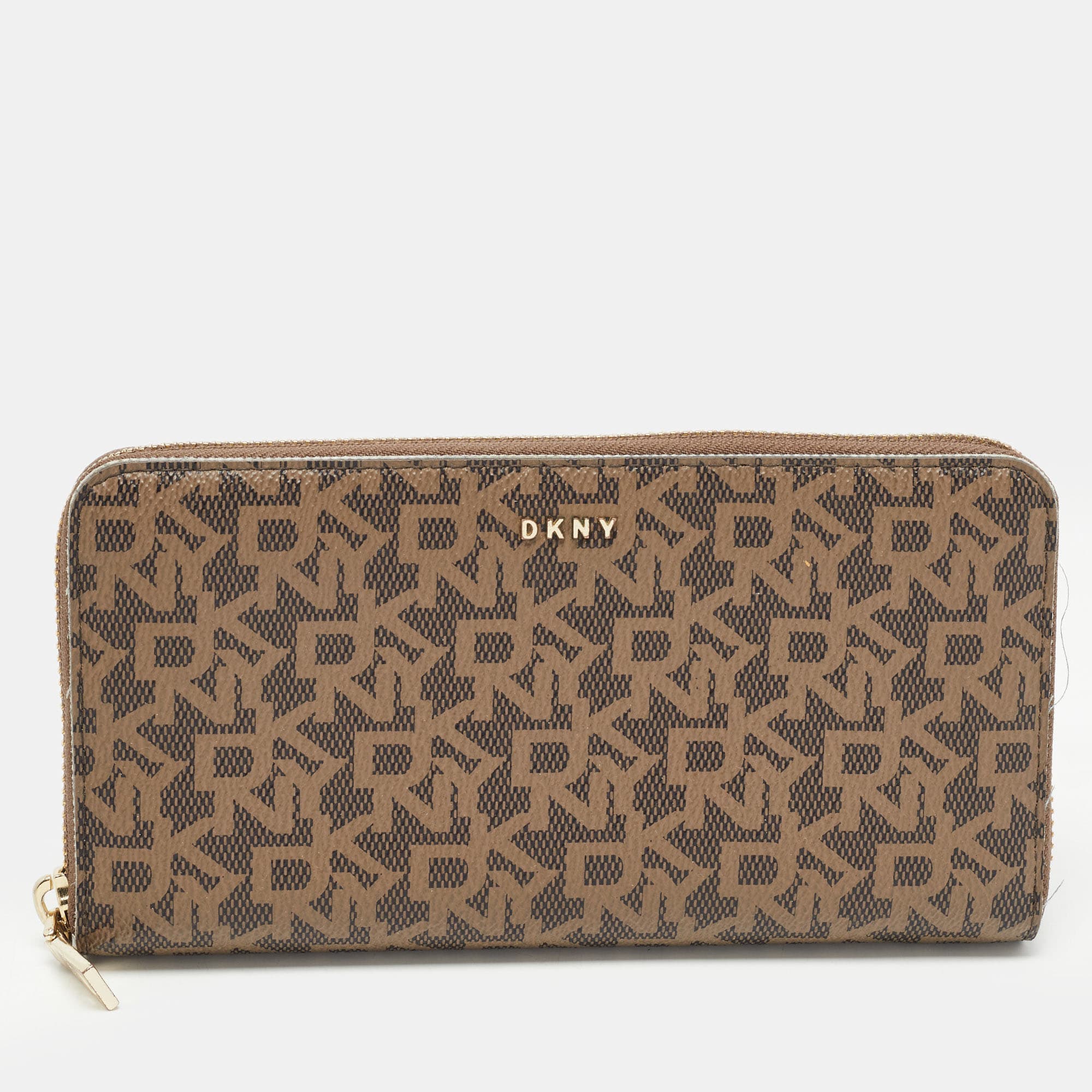 DKNY Brown Signature Coated Canvas Zip Around Continental Wallet