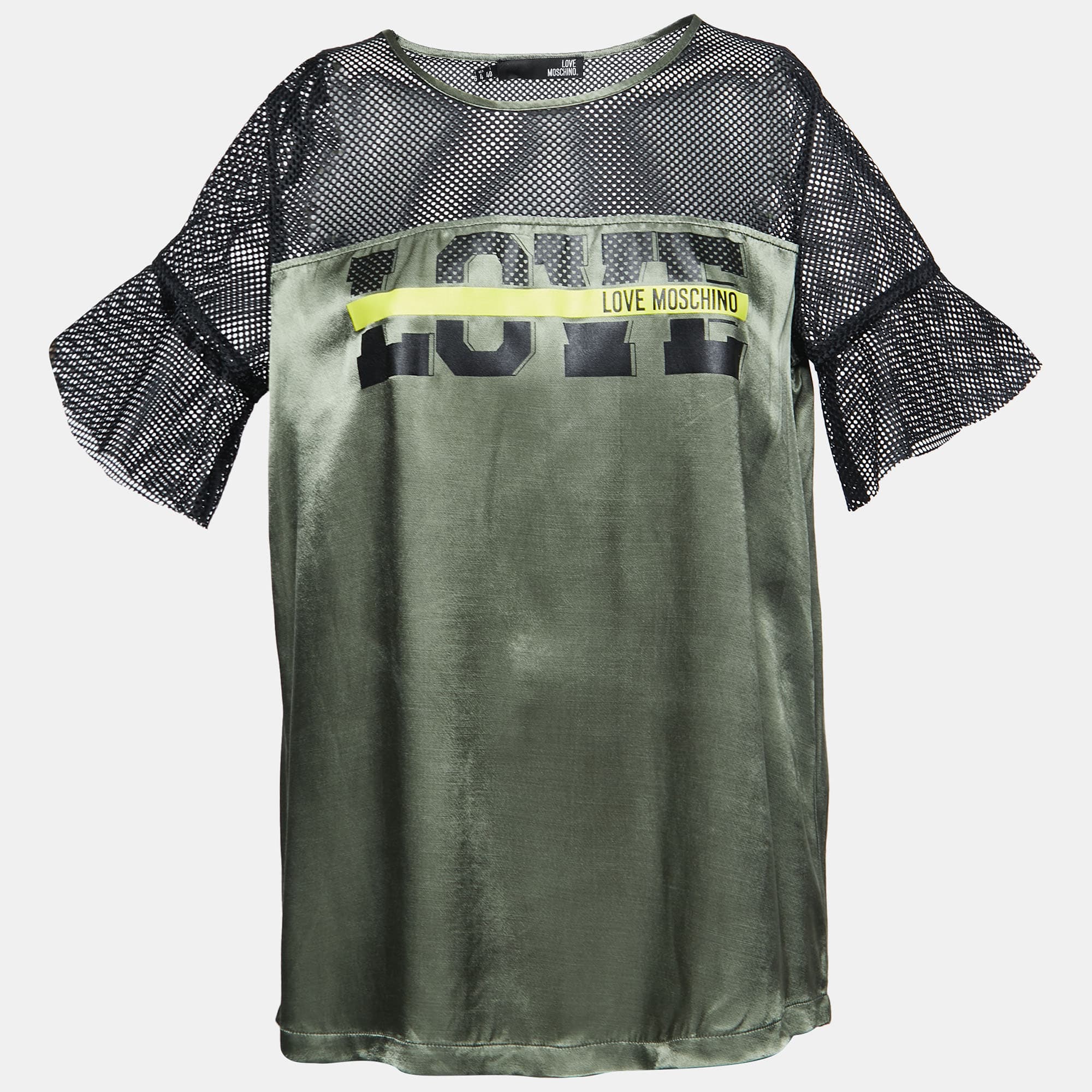 Love Moschino Green/Black Satin Blusa Mesh Sleeve T-shirt S