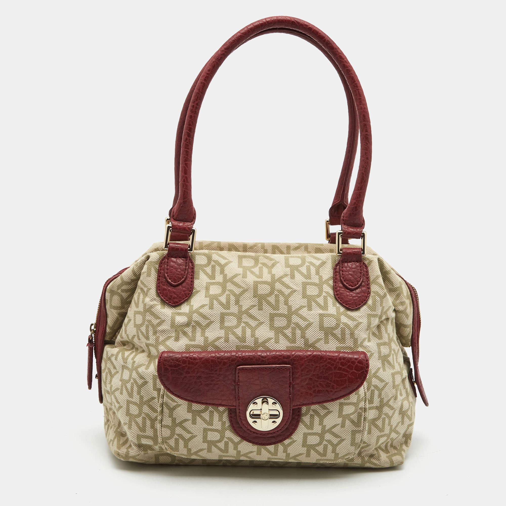 DKNY Red/Beige Monogram Canvas and Leather Turnlock Pocket Satchel